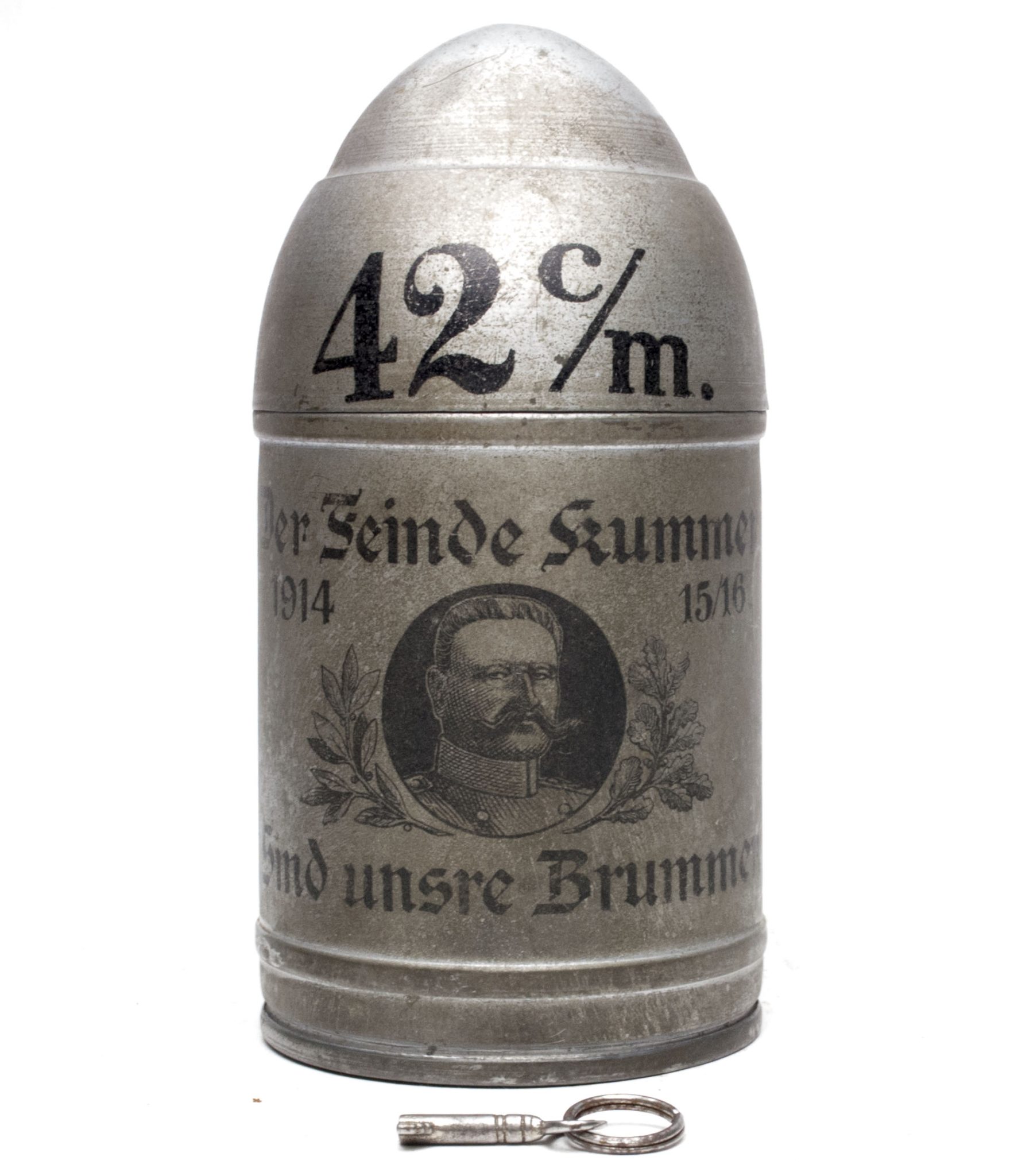 WWI German piggybank Dicke Bertha 42 CM – Der Feinde Kummer sind unsre Brummer – with key – RARE (3) WWI German piggybank Dicke Bertha 42 CM - Der Feinde Kummer sind unsre Brummer - with key - RARE