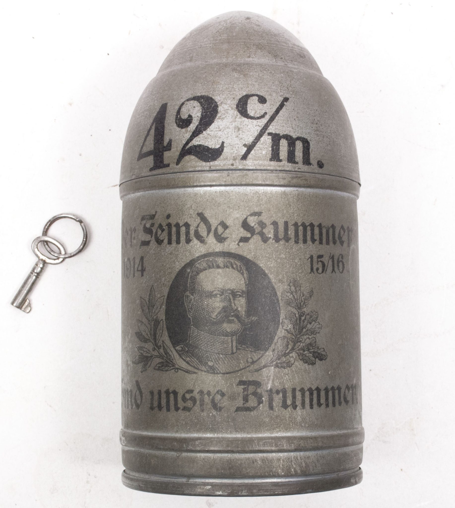 WWI German piggybank Dicke Bertha 42 CM - Der Feinde Kummer sind unsre Brummer - with key - RARE