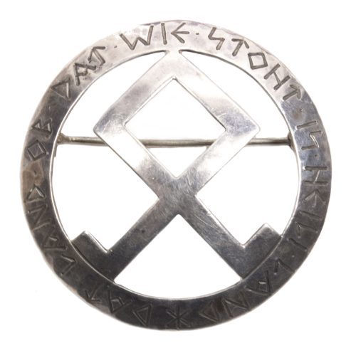 WWII German silver women's Odal Rune brooch with inscription (Hallmarked 800)
