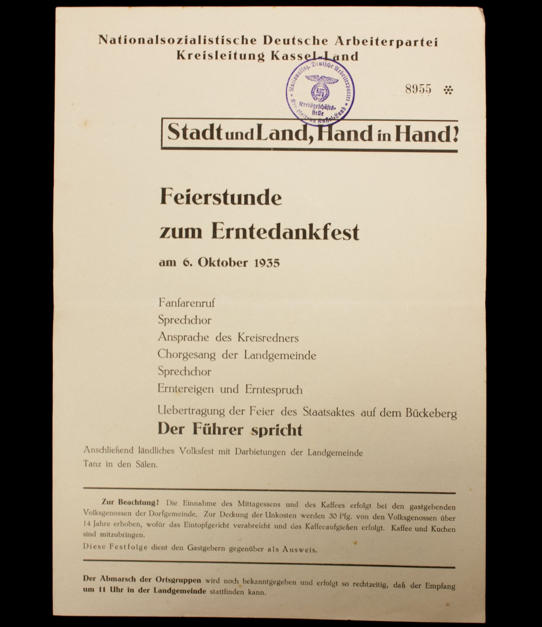 (Document) Nationalsozielistische Deutsche Arbeiterpartei (NSDAP) Kreisleitung Kassel-Land - Stadt und Land, Hand in Hand (1935)