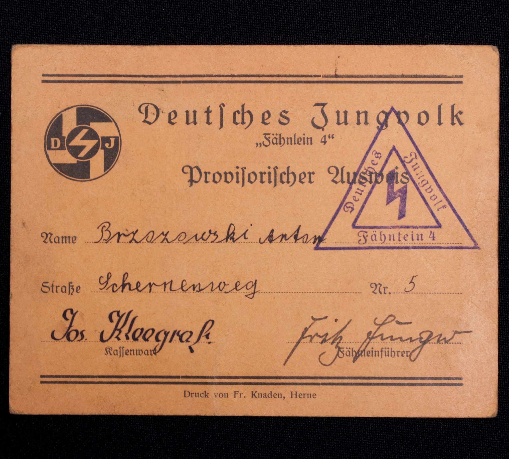 (Hitlerjugend (HJ) early Deutsches Jungvolk Fahnlein 4 Provisorischer Ausweis - rare
