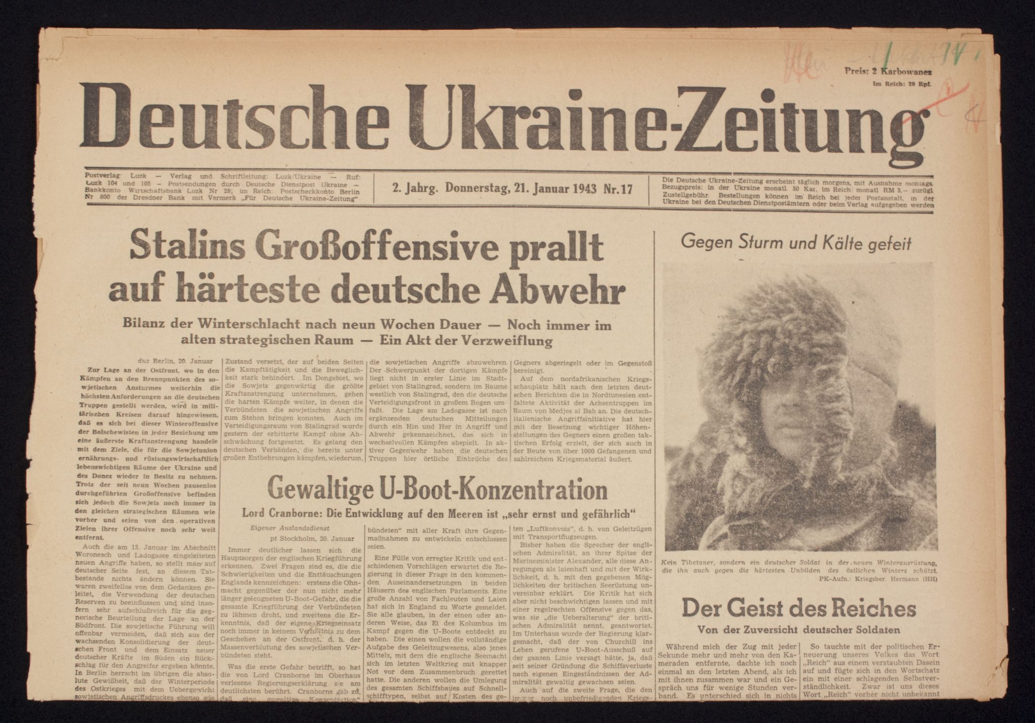(Newspaper) Deutsche Ukraine Zeitung 2. Jahrg. Donnerstag 21. januar 1943 Nr. 17 (2)