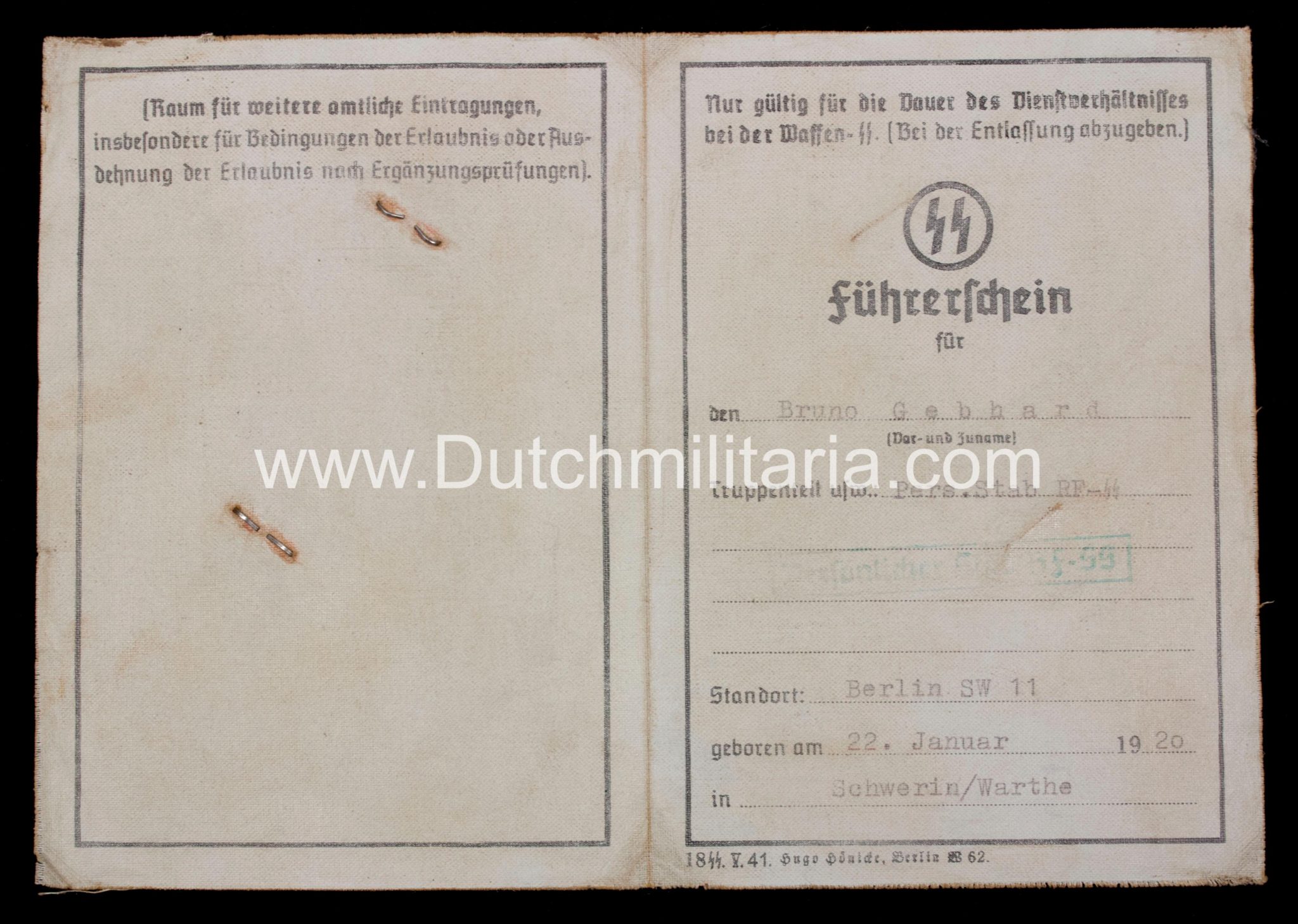 SS Führerschein Persönlicher Stab RF-SS Heinrich Himmler - rare