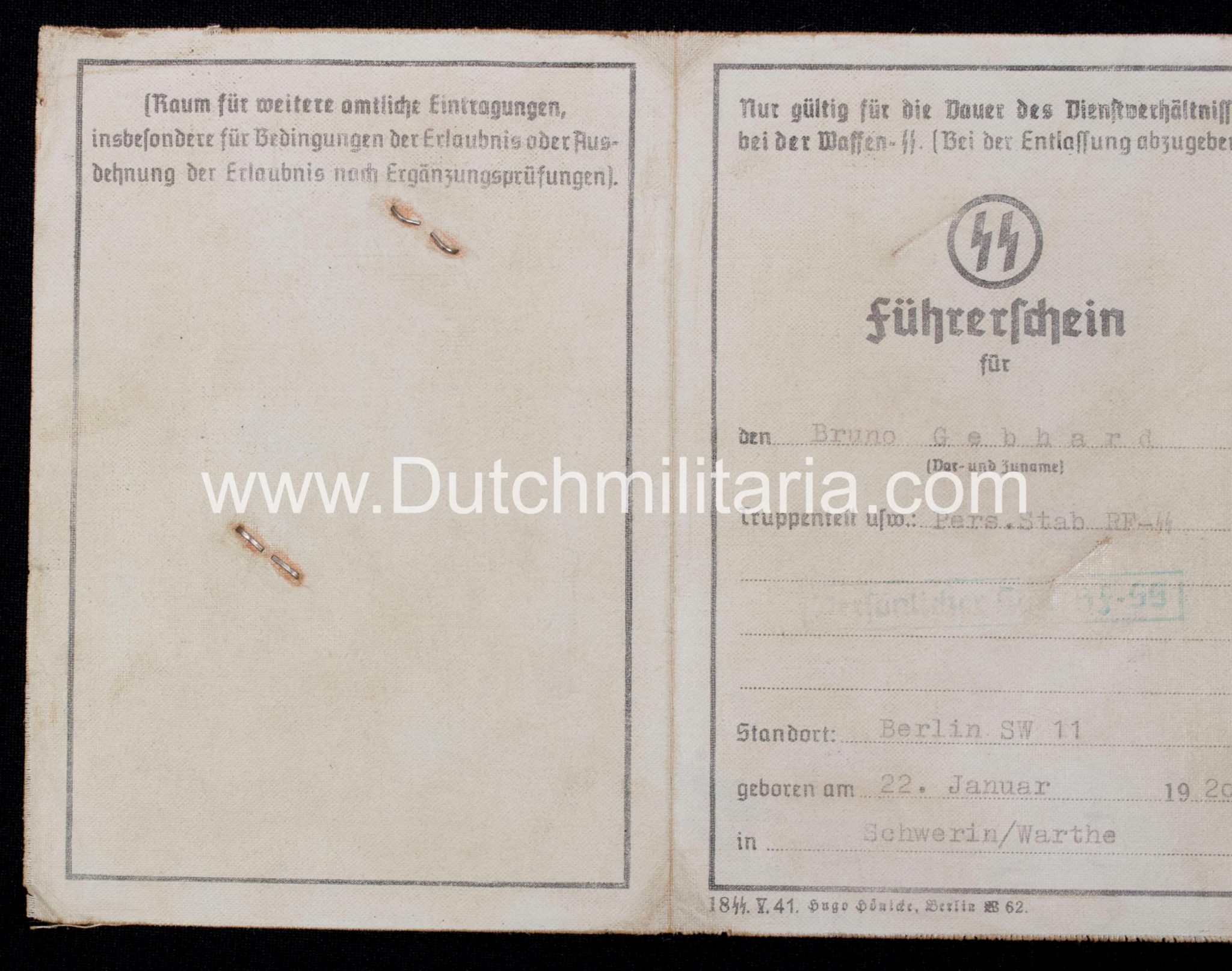 SS Führerschein Persönlicher Stab RF-SS Heinrich Himmler - rare