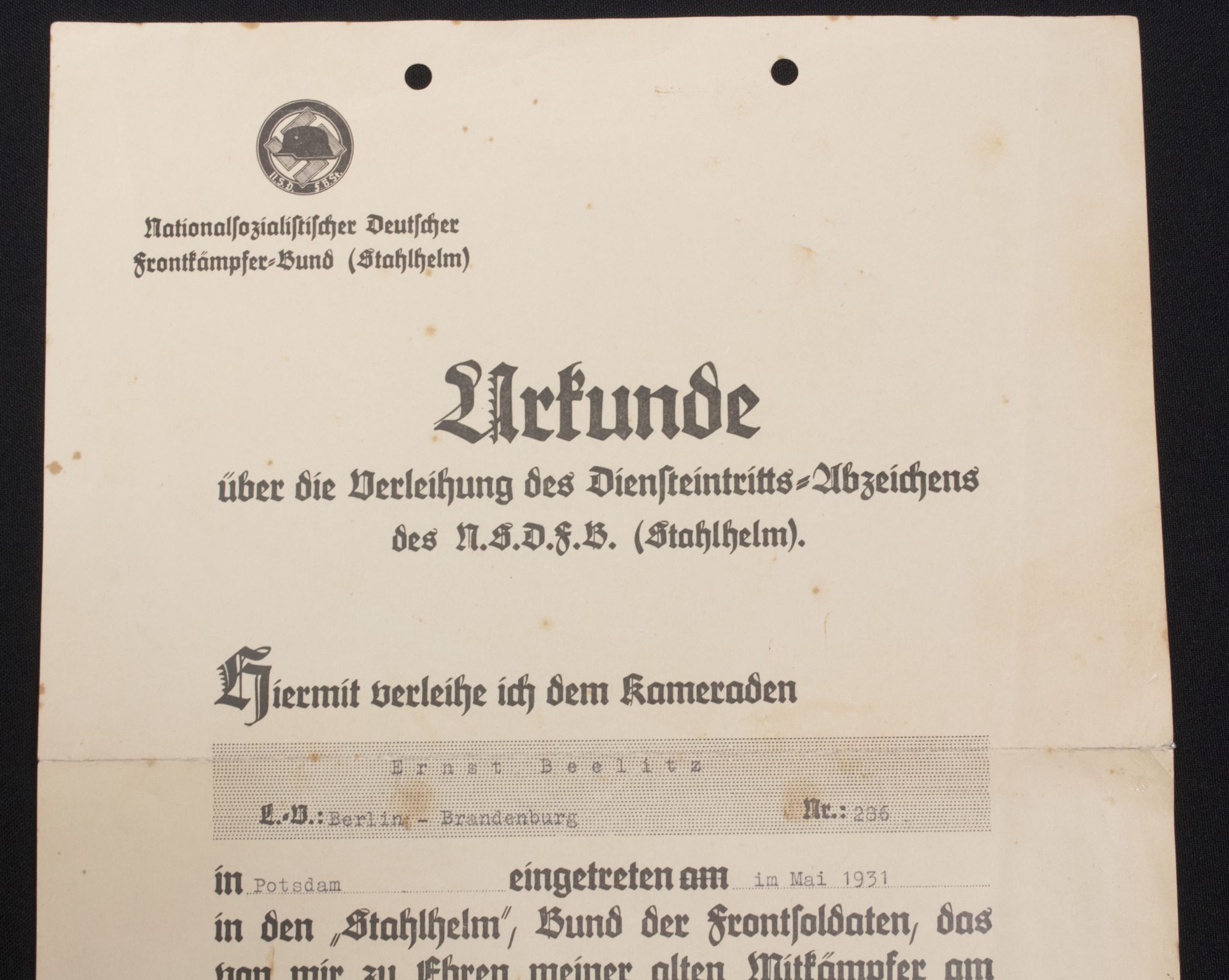 Stahlhelmbund Diensteintrittsabzeichens 1931 Urkunde (2) Stahlhelmbund Diensteintrittsabzeichens 1931 Urkunde
