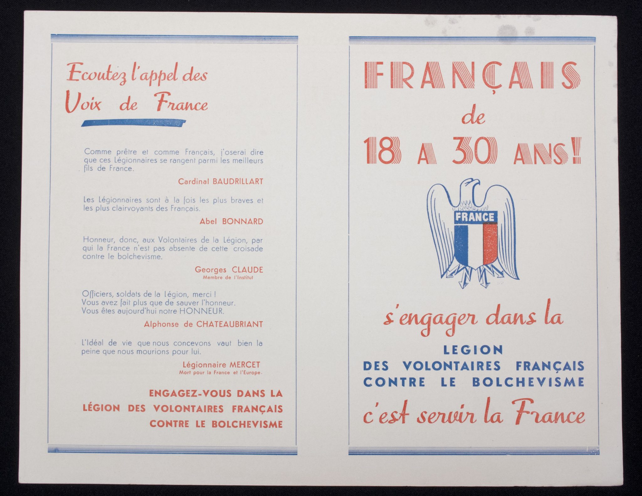 (WWII France Legion des Voluntaires Francais) Francais de 18 a 30 And! S'engager das la Legion des Volontaires Francais contre le Bolchevisme - VERY RARE