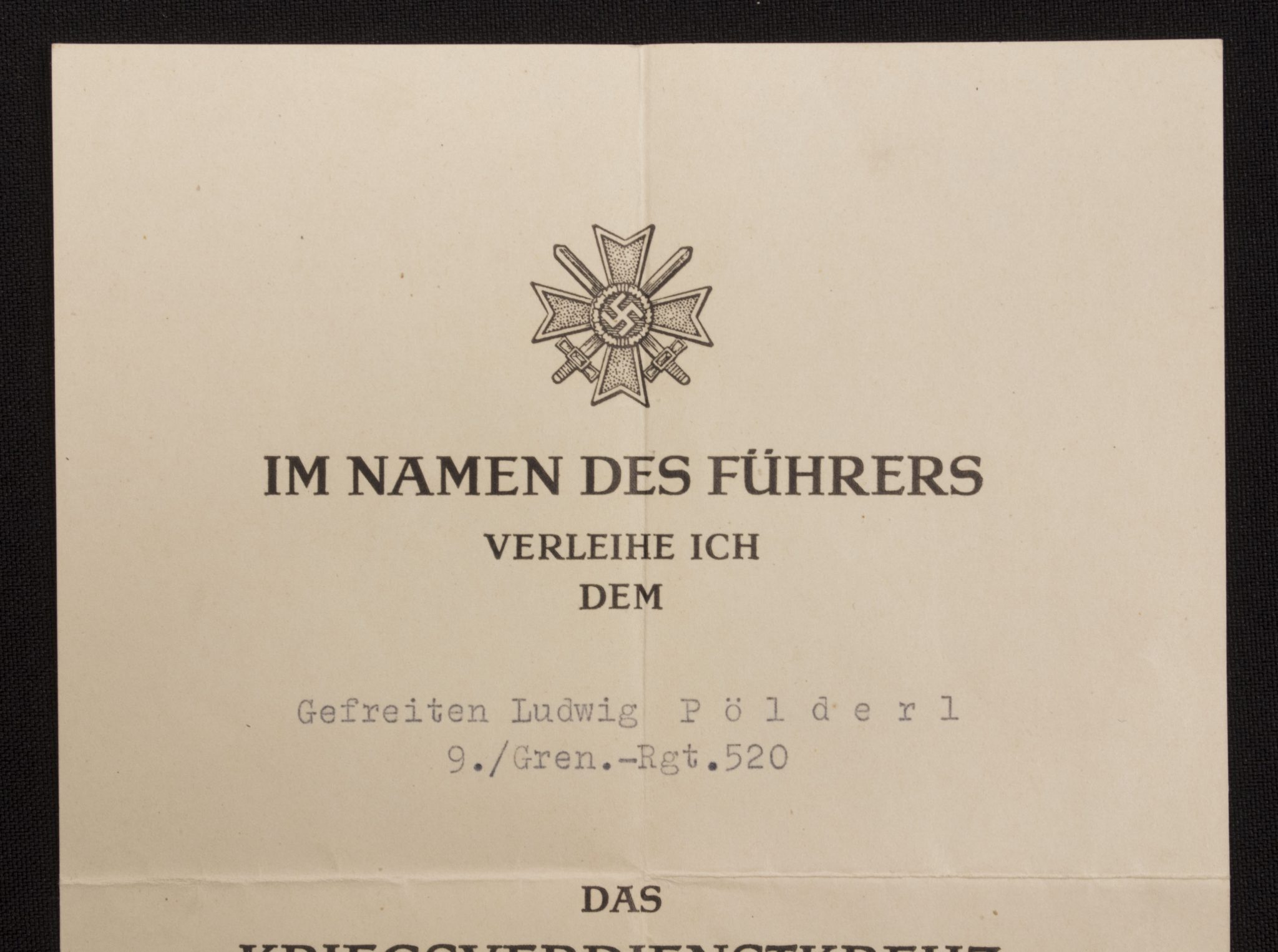 (Citation) Kriegsverdienstkreuz 2. Klasse mit Schwertern urkunde 9.Gren.-Rgt.520 (2) (Citation) Kriegsverdienstkreuz 2. Klasse mit Schwertern urkunde 9.Gren.-Rgt.520