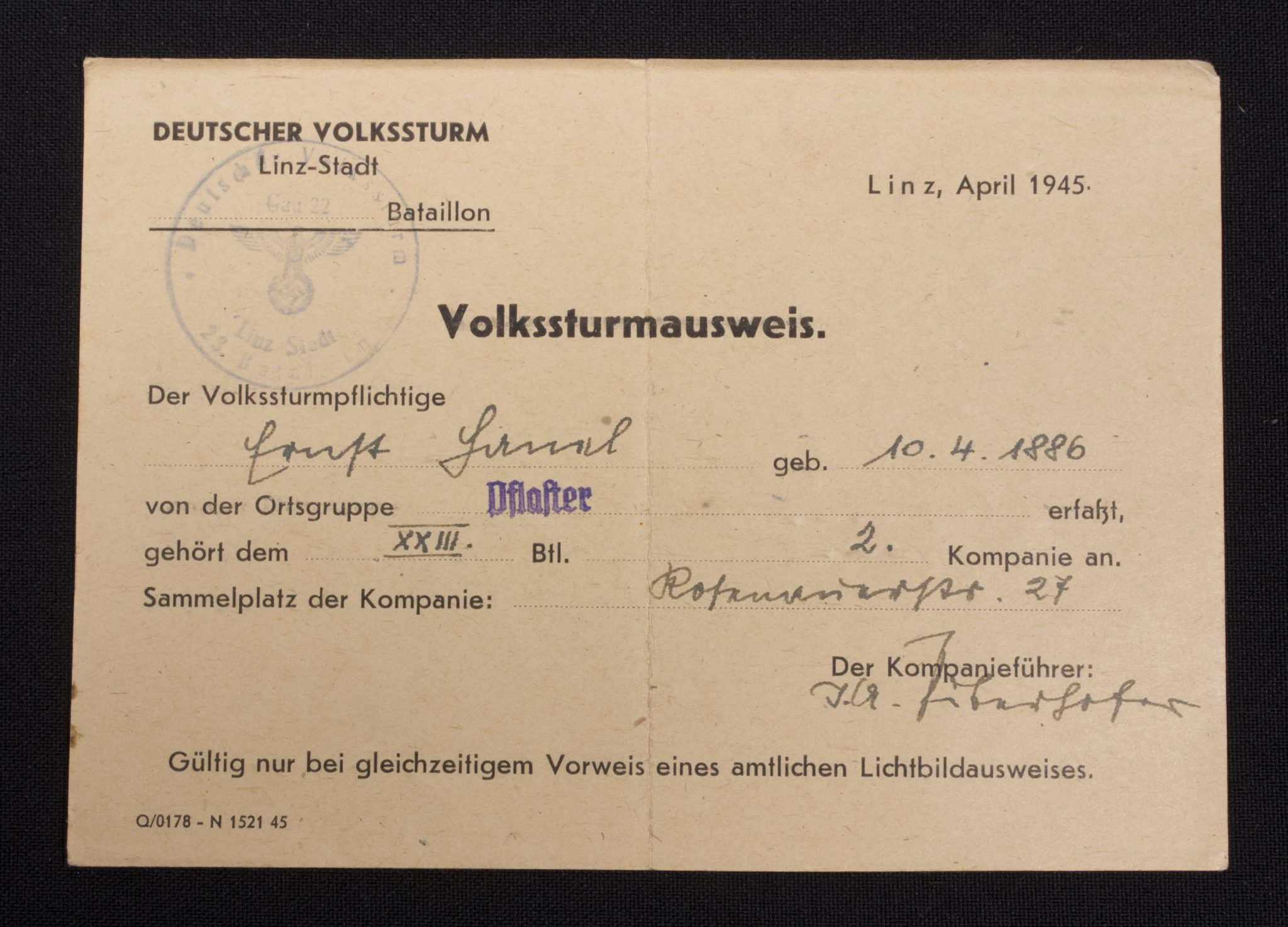 Deutscher Volkssturm Linz-Stadt Volkssturmausweis + Wehrpass (2) Deutscher Volkssturm Linz-Stadt Volkssturmausweis + Wehrpass