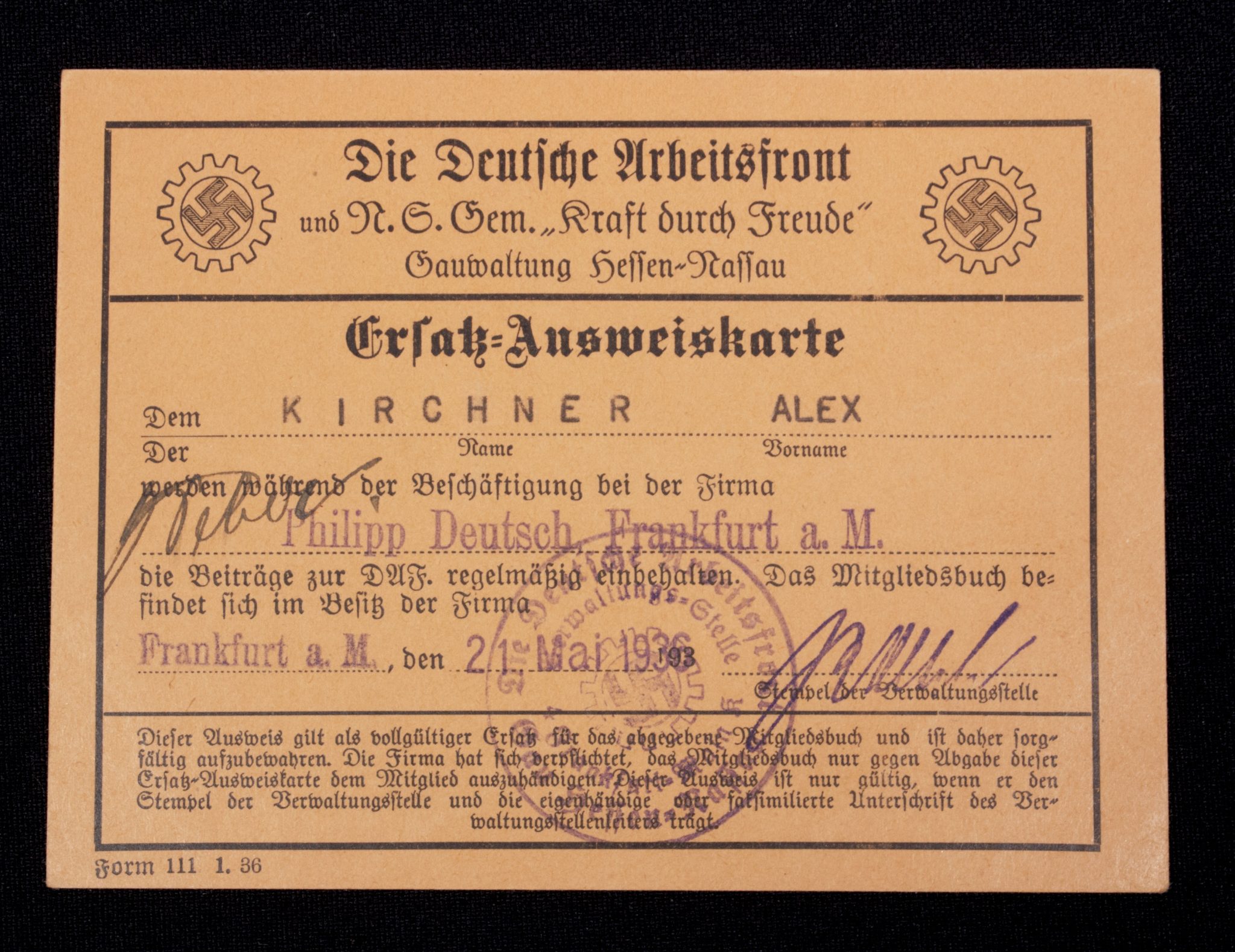 NSDAP Mitgliedsbuch + Deutsche Arbeitsfront Ersatz-Ausweiskarte