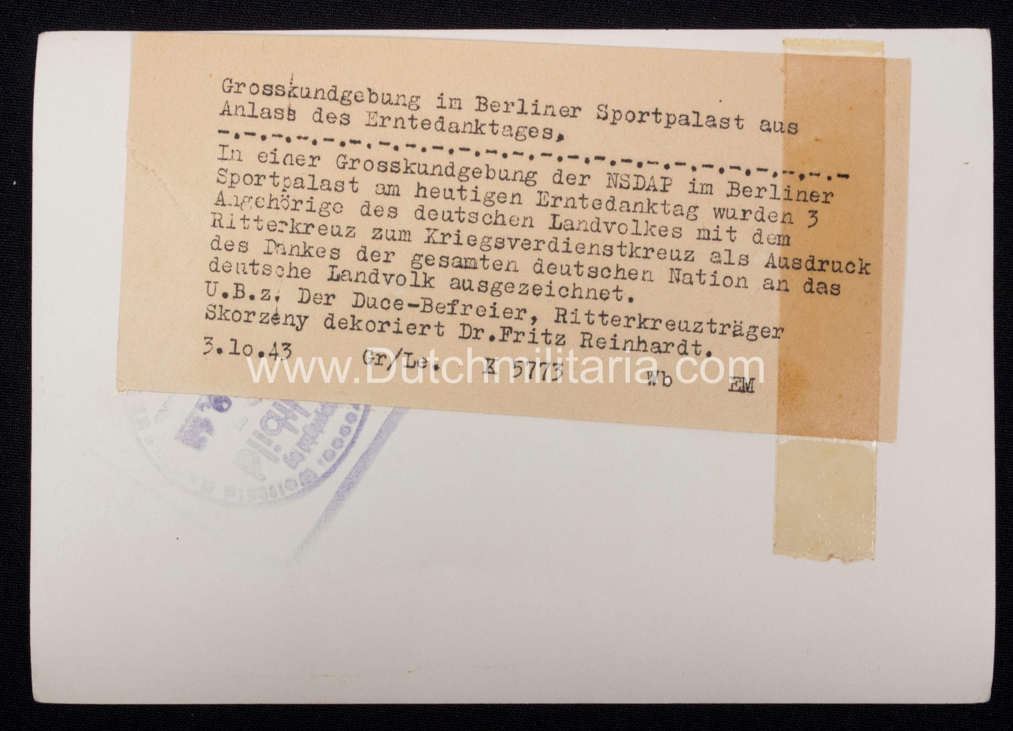 (Pressphoto) Der Duce-Befreier Ritterkreuzträger SS-Sturmbahnführer Skorzeny dekoriert Dr. Fritz Reinhardt (1943) - rare - Image 7