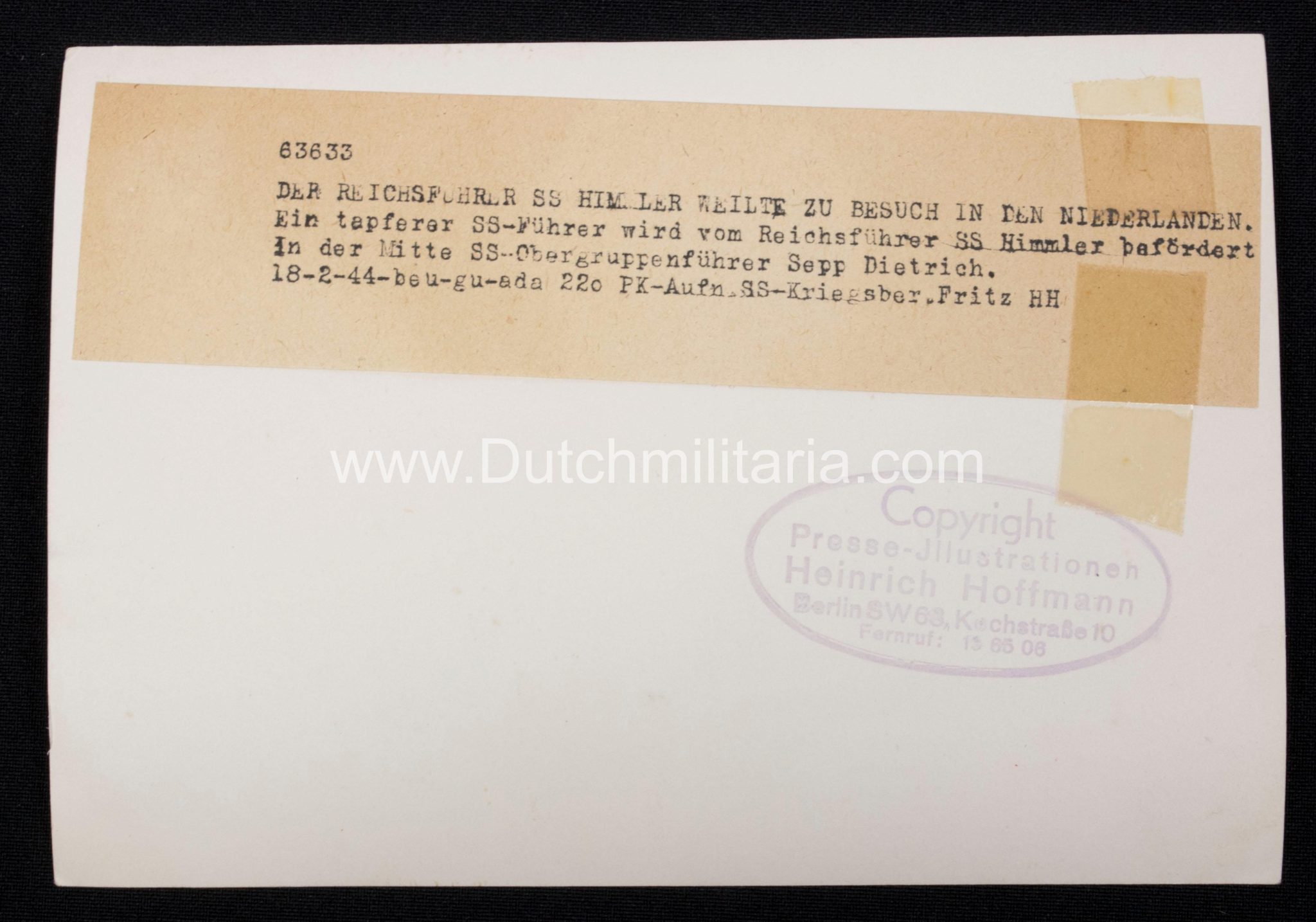 (Pressphoto) Reichsführer SS Himmler + SS-Obergruppenführer Sepp Dietrich in den Niederlanden (1944) - Hoffmann Photo. - Extremely rare