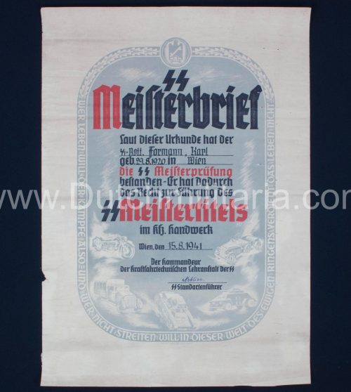 SS-Meisterbrief SS-Meistertitels citation - Signed SS Standartenführer Neblich (1941) - Extremely Rare