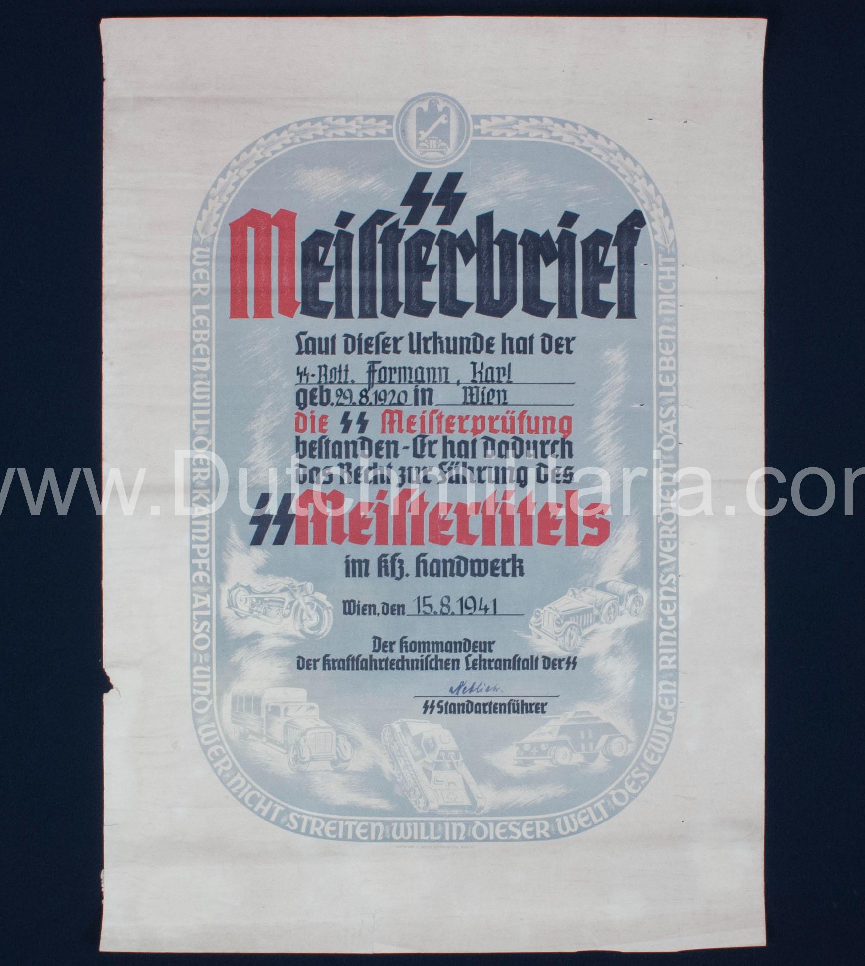 SS-Meisterbrief SS-Meistertitels citation - Signed SS Standartenführer Neblich (1941) - Extremely Rare