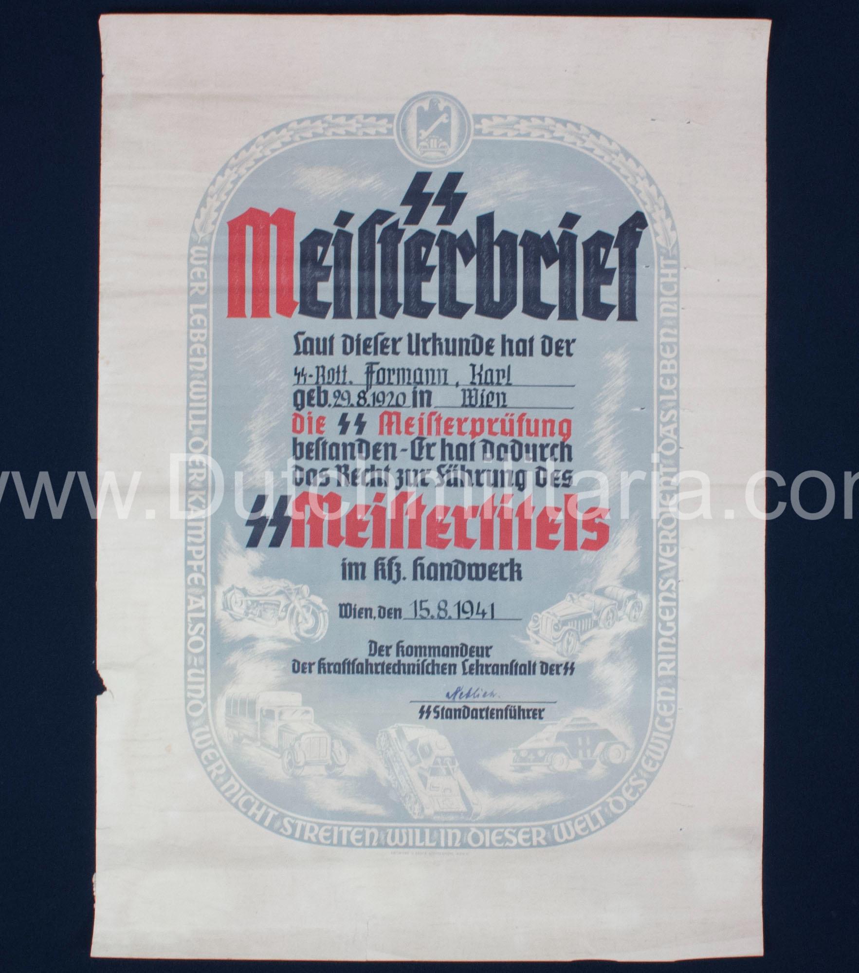 SS-Meisterbrief SS-Meistertitels citation - Signed SS Standartenführer Neblich (1941) - Extremely Rare