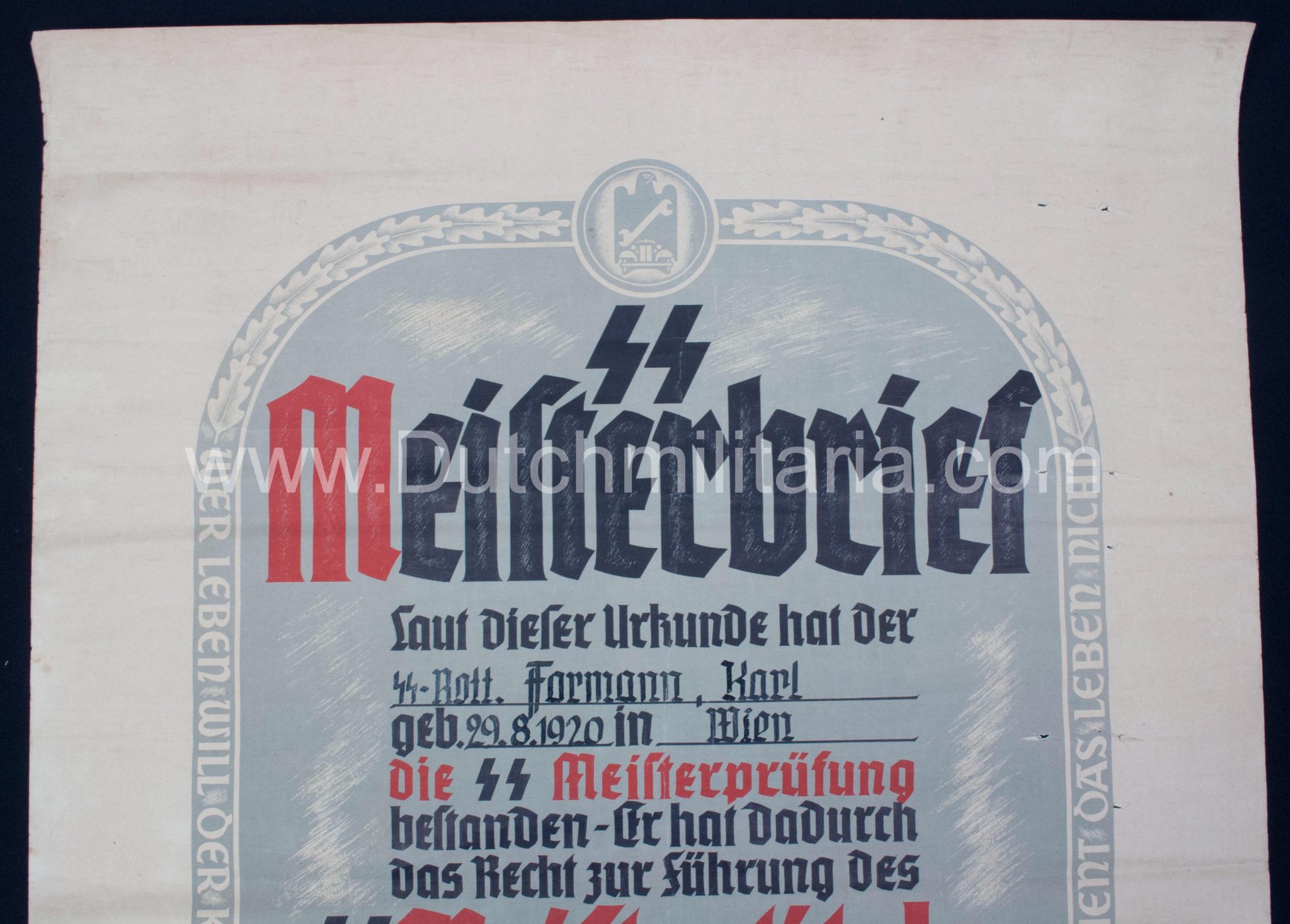 SS-Meisterbrief SS-Meistertitels citation - Signed SS Standartenführer Neblich (1941) - Extremely Rare