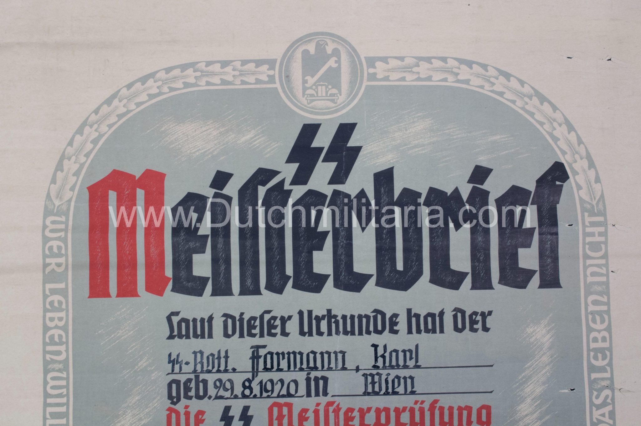 SS-Meisterbrief SS-Meistertitels citation - Signed SS Standartenführer Neblich (1941) - Extremely Rare