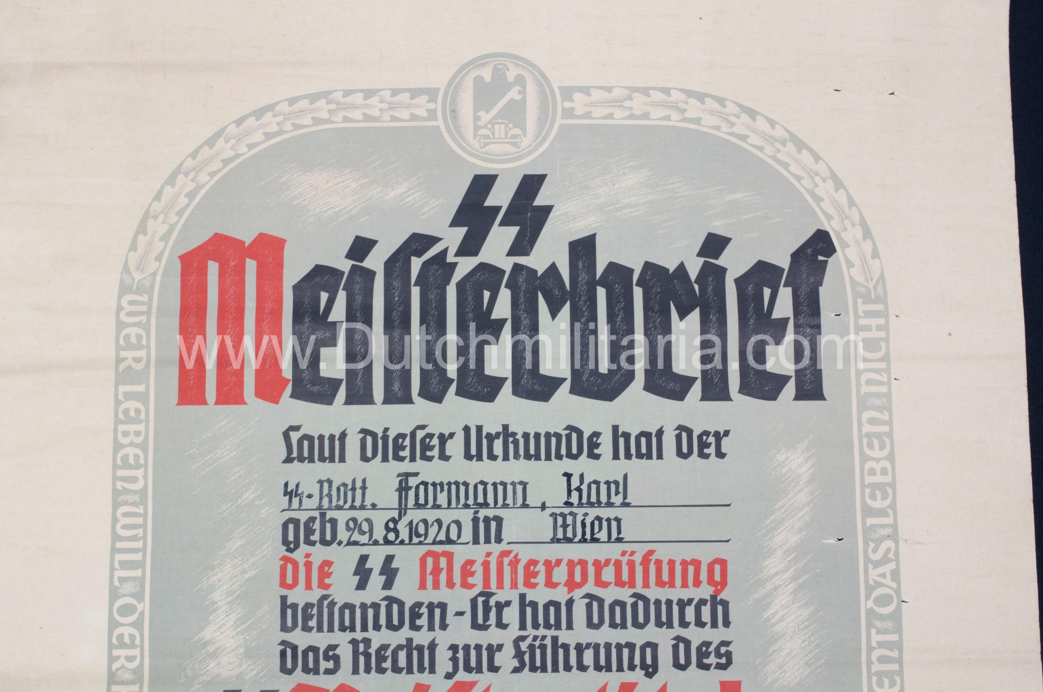 SS-Meisterbrief SS-Meistertitels citation - Signed SS Standartenführer Neblich (1941) - Extremely Rare
