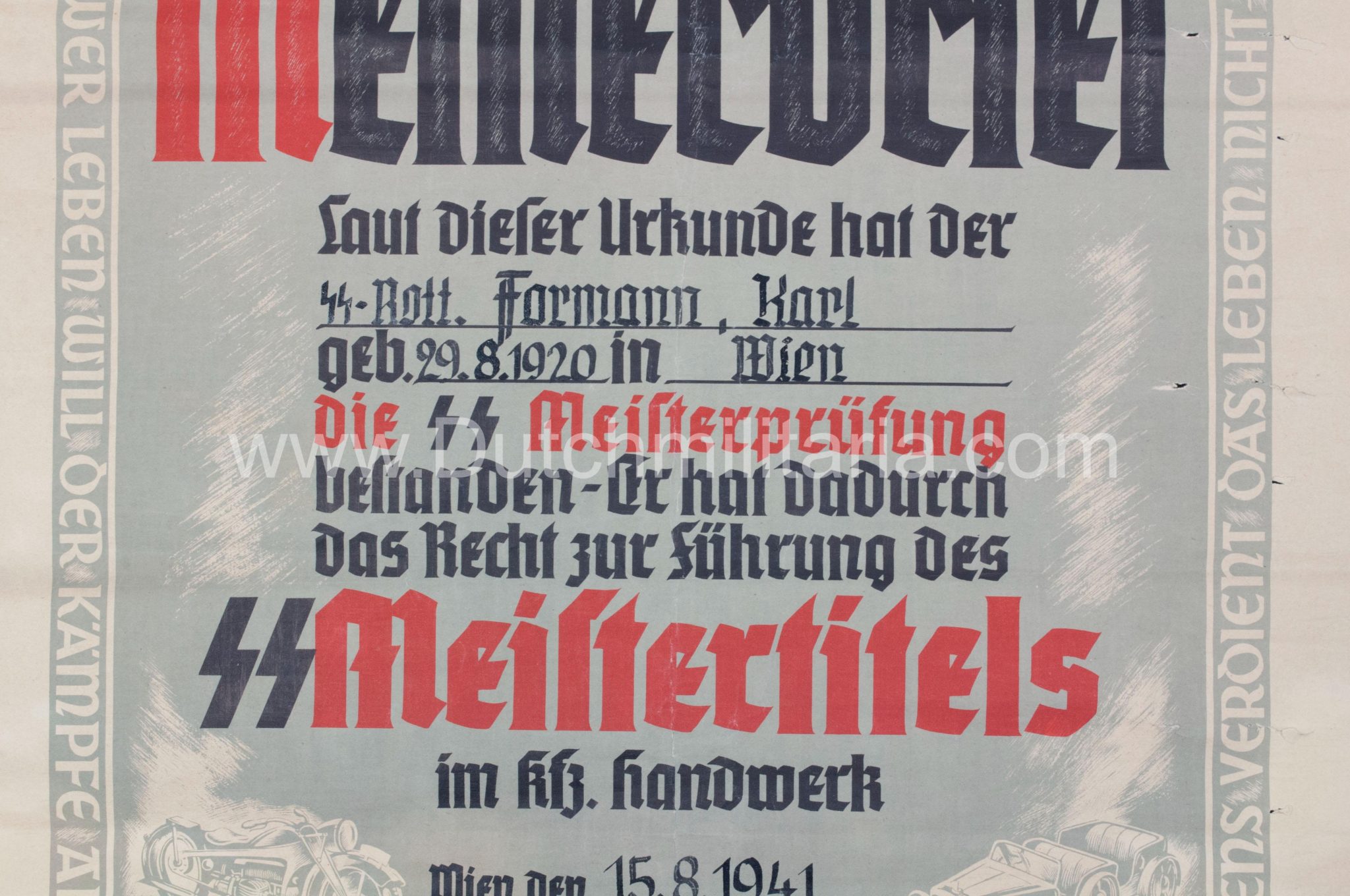 SS-Meisterbrief SS-Meistertitels citation - Signed SS Standartenführer Neblich (1941) - Extremely Rare
