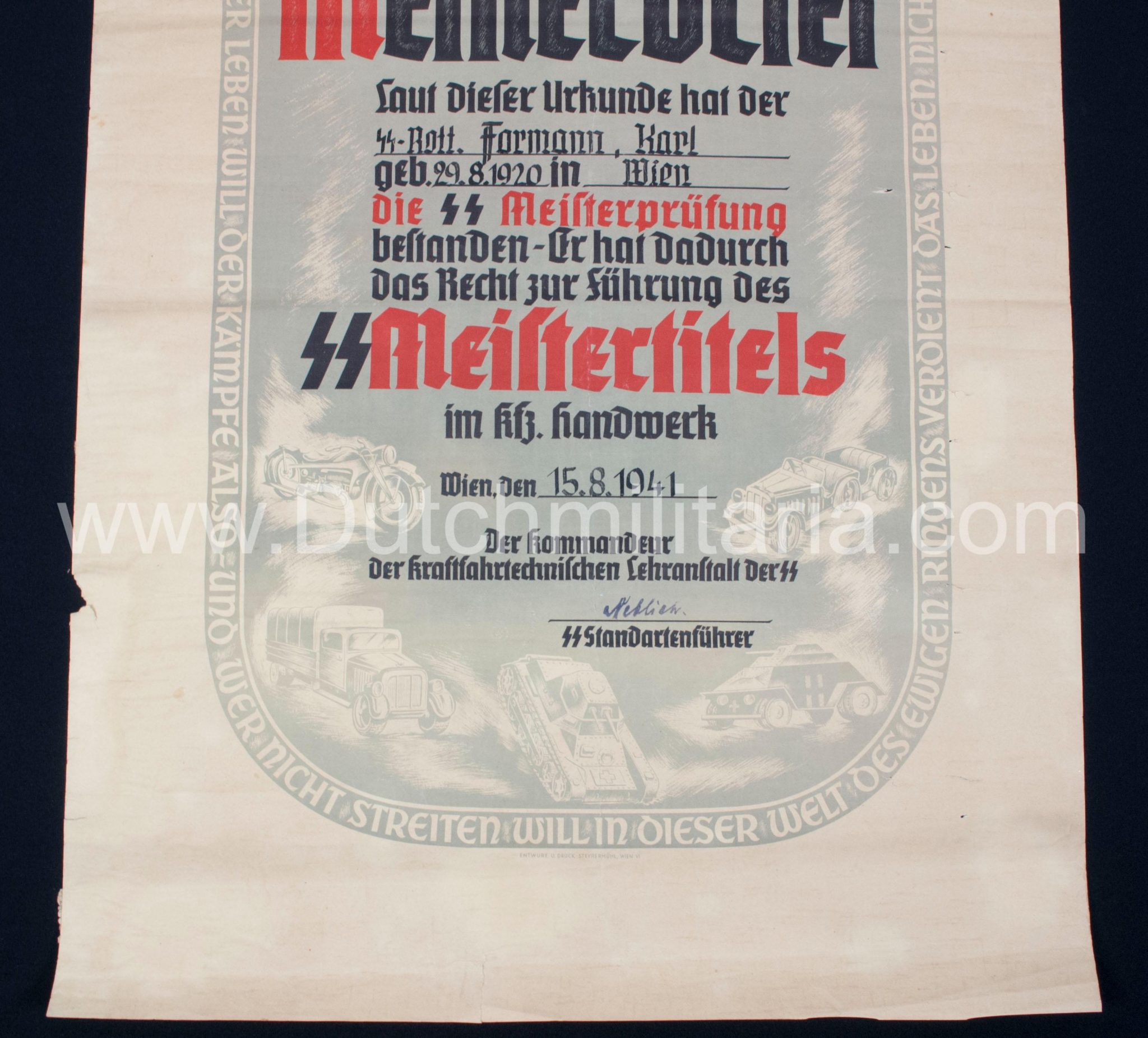 SS-Meisterbrief SS-Meistertitels citation - Signed SS Standartenführer Neblich (1941) - Extremely Rare
