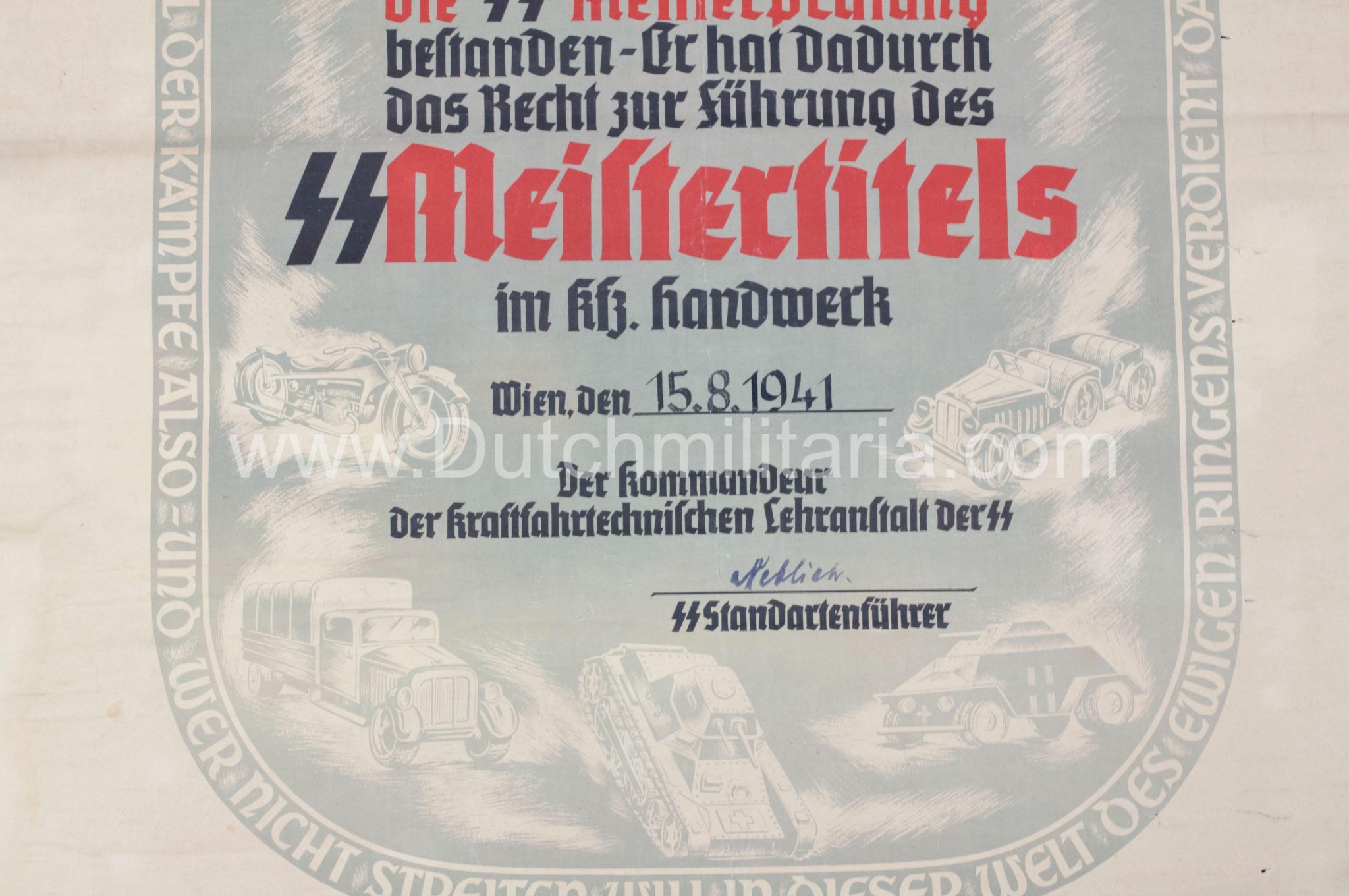 SS-Meisterbrief SS-Meistertitels citation - Signed SS Standartenführer Neblich (1941) - Extremely Rare