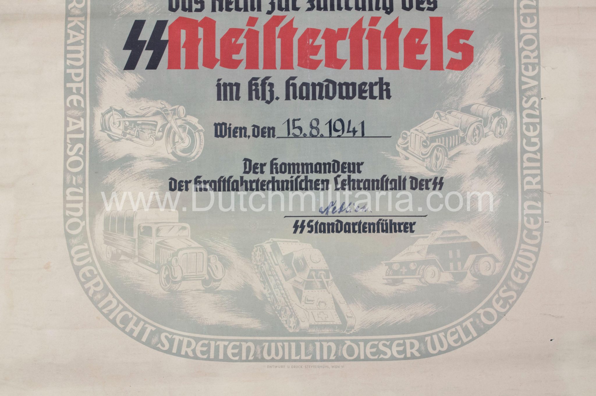SS-Meisterbrief SS-Meistertitels citation - Signed SS Standartenführer Neblich (1941) - Extremely Rare
