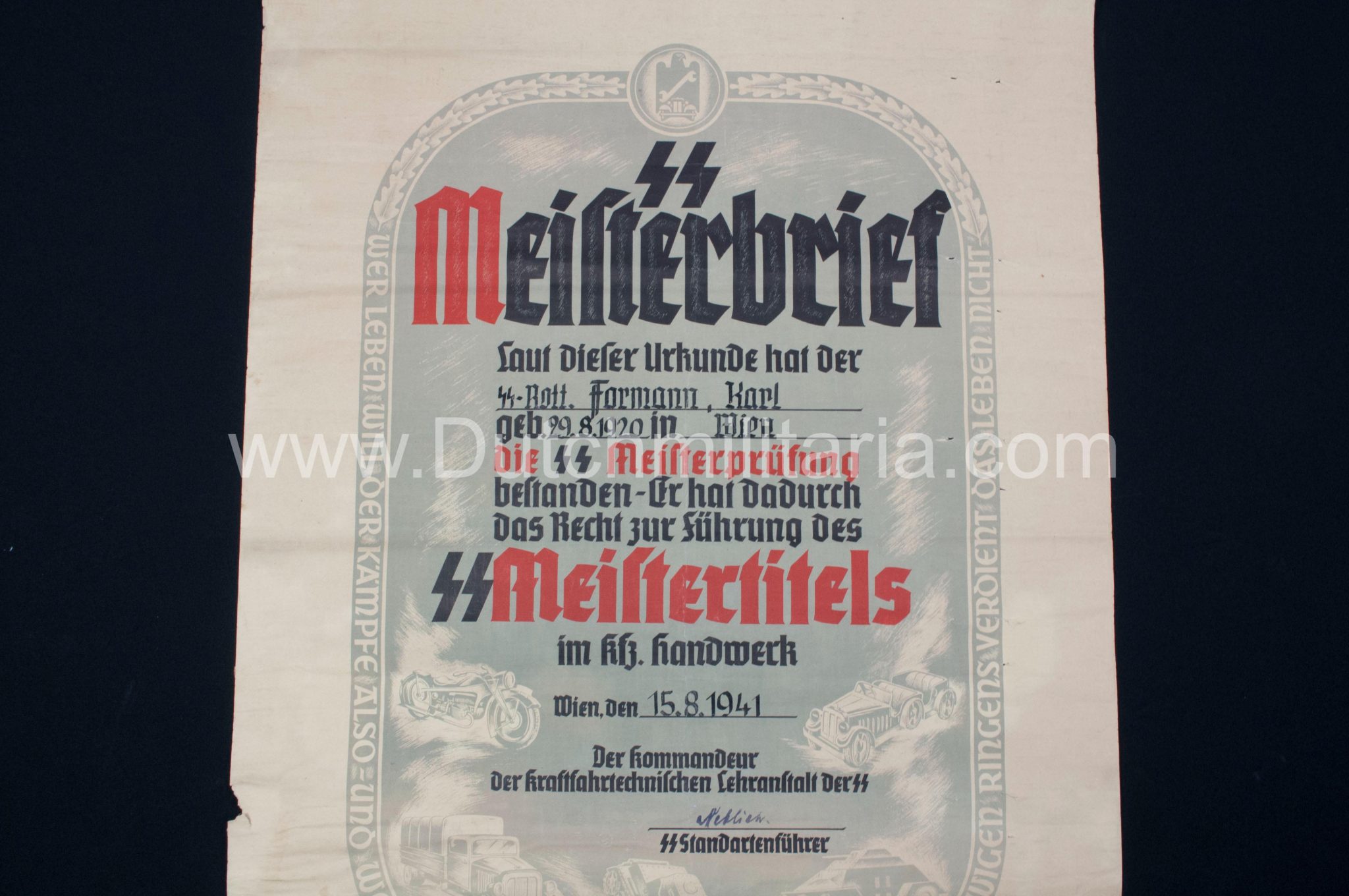 SS-Meisterbrief / SS-Meistertitels citation - Signed SS Standartenführer Neblich (1941) - Extremely Rare - Image 34