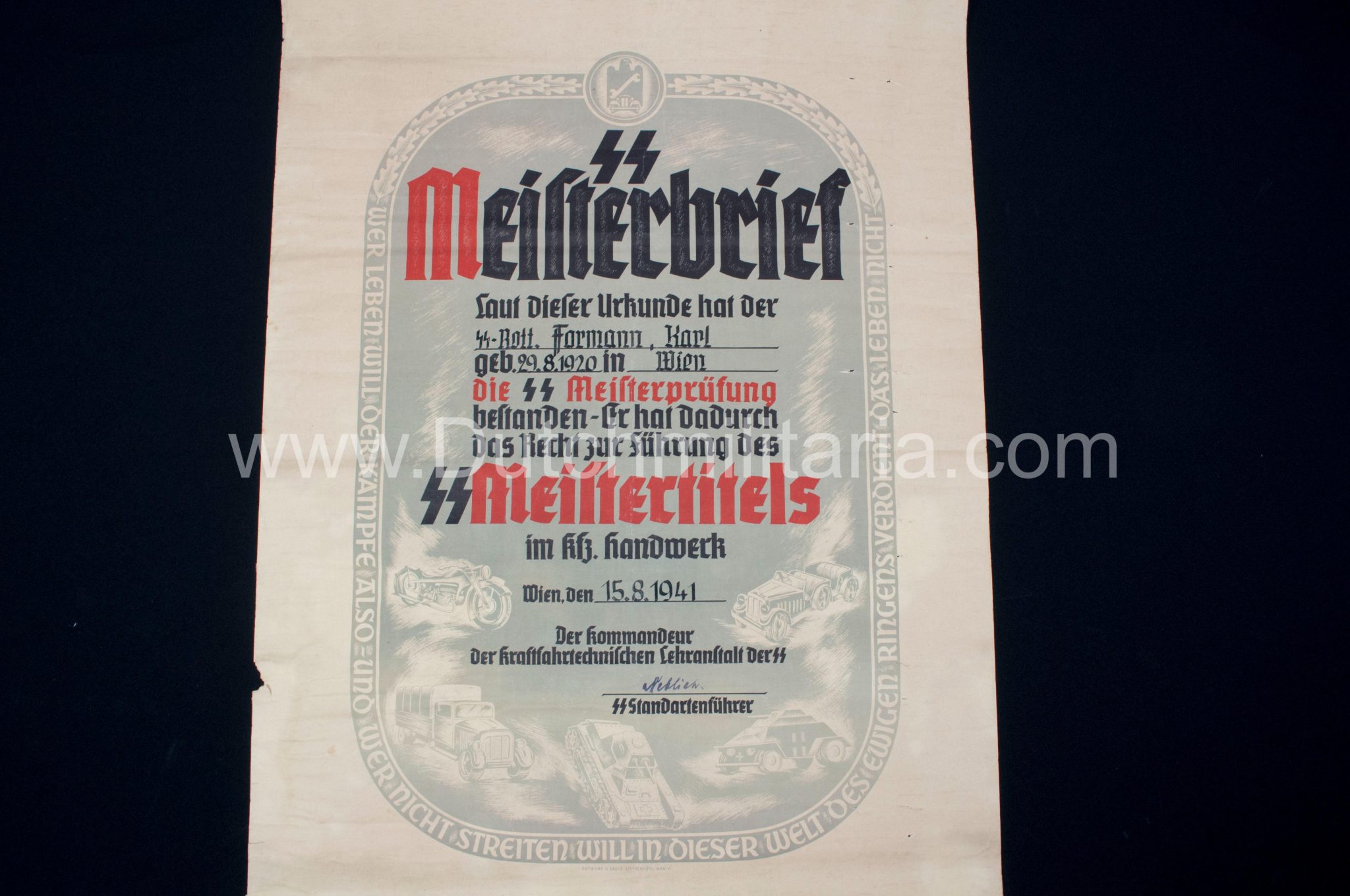 SS-Meisterbrief / SS-Meistertitels citation - Signed SS Standartenführer Neblich (1941) - Extremely Rare - Image 35