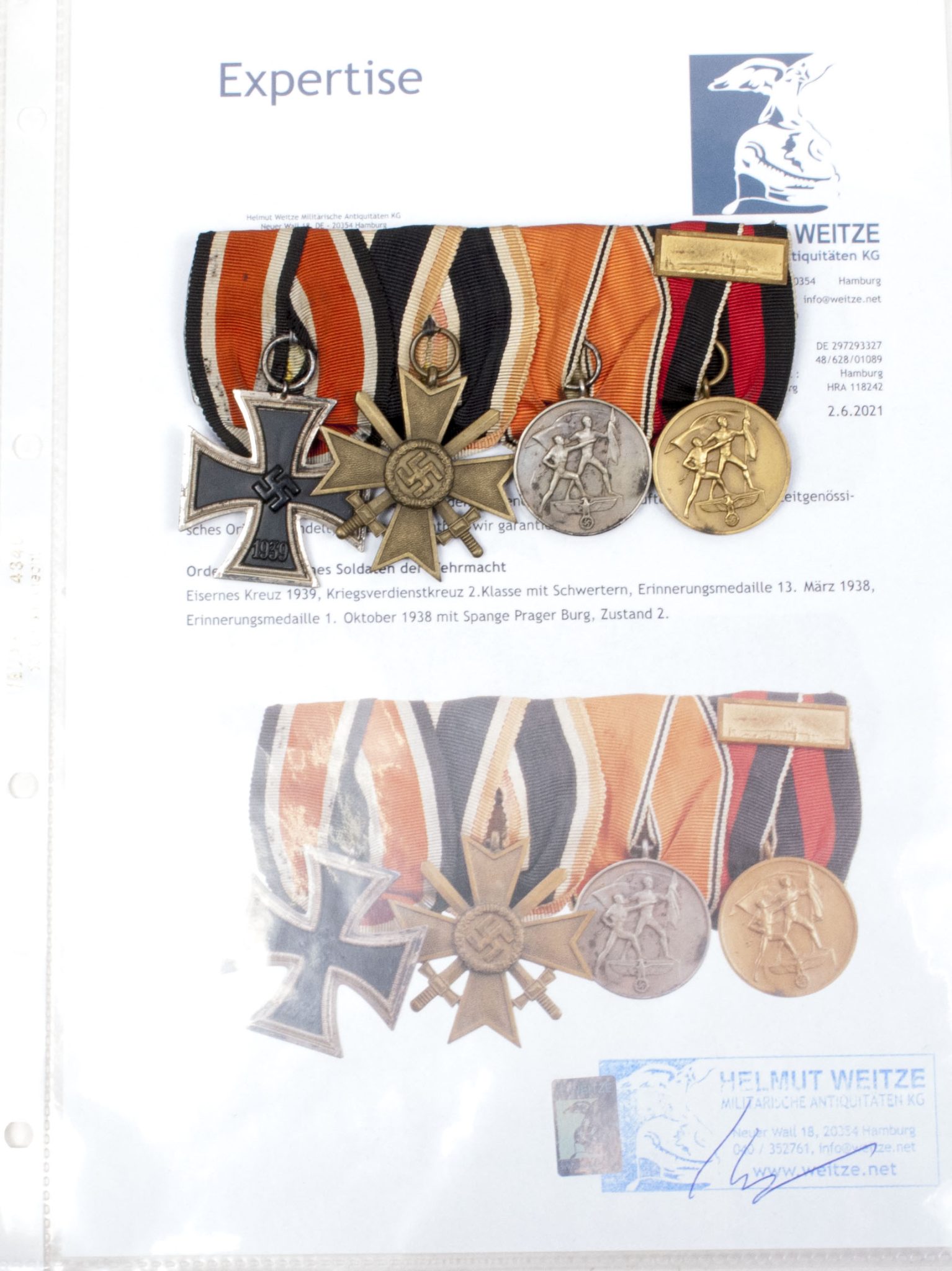 German WWII medalbar with EK2 + KVK2 + Anschlussmedaille + Sudetenmedal + Prageburger clasp - Image 3