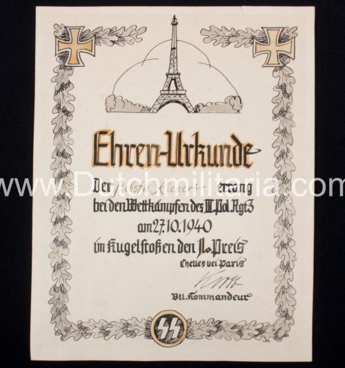 SS Ehrenurkunde III.Pol.Rgt.3. Chelles Paris (1940) - UNIQUE!