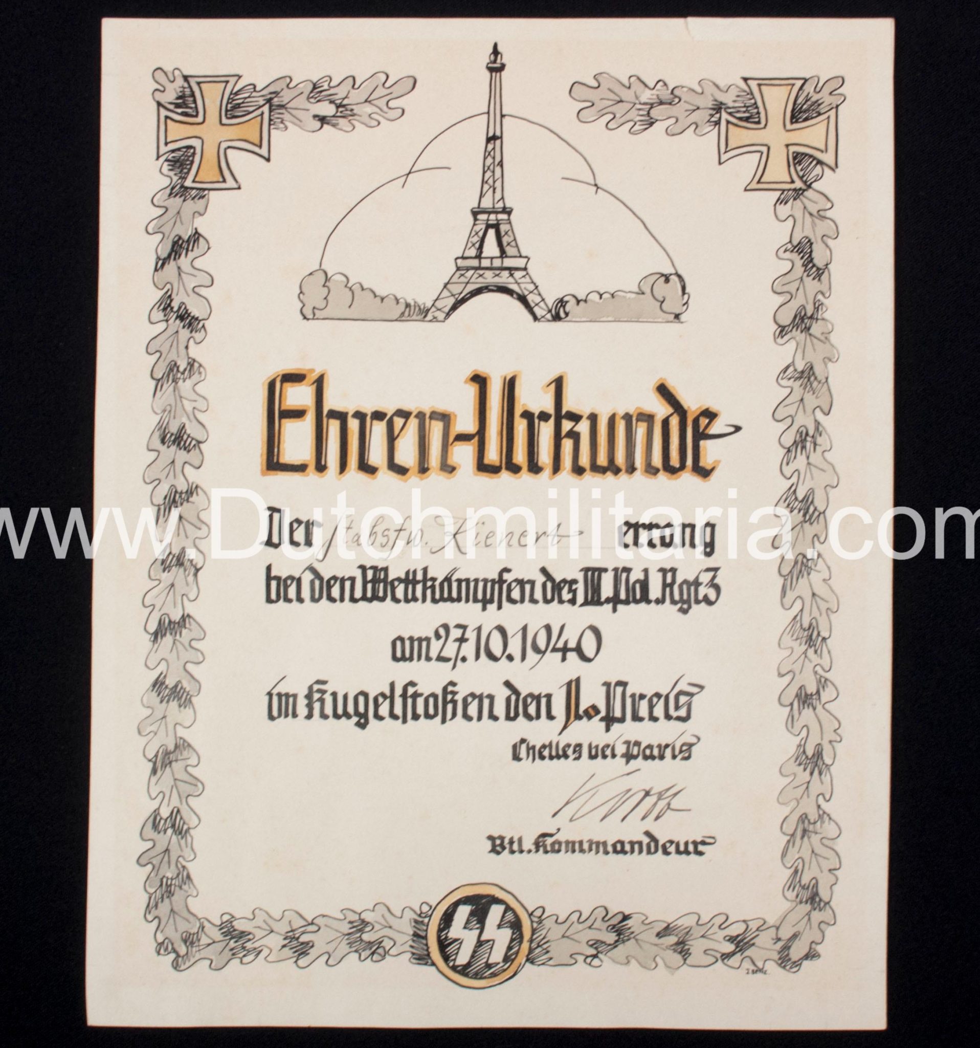SS Ehrenurkunde III.Pol.Rgt.3. Chelles Paris (1940) – UNIQUE! SS Ehrenurkunde III.Pol.Rgt.3. Chelles Paris (1940) - UNIQUE!