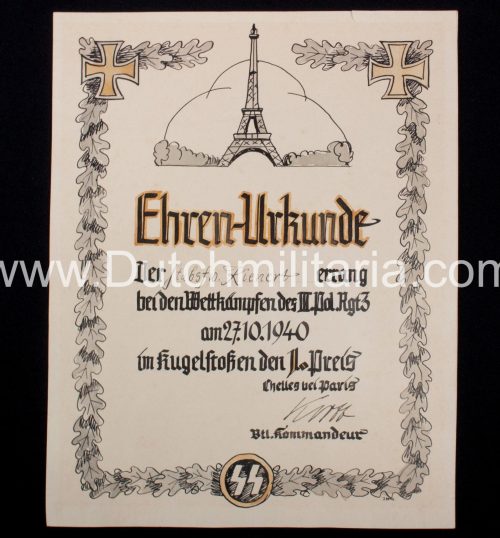 SS Ehrenurkunde III.Pol.Rgt.3. Chelles Paris (1940) - UNIQUE!