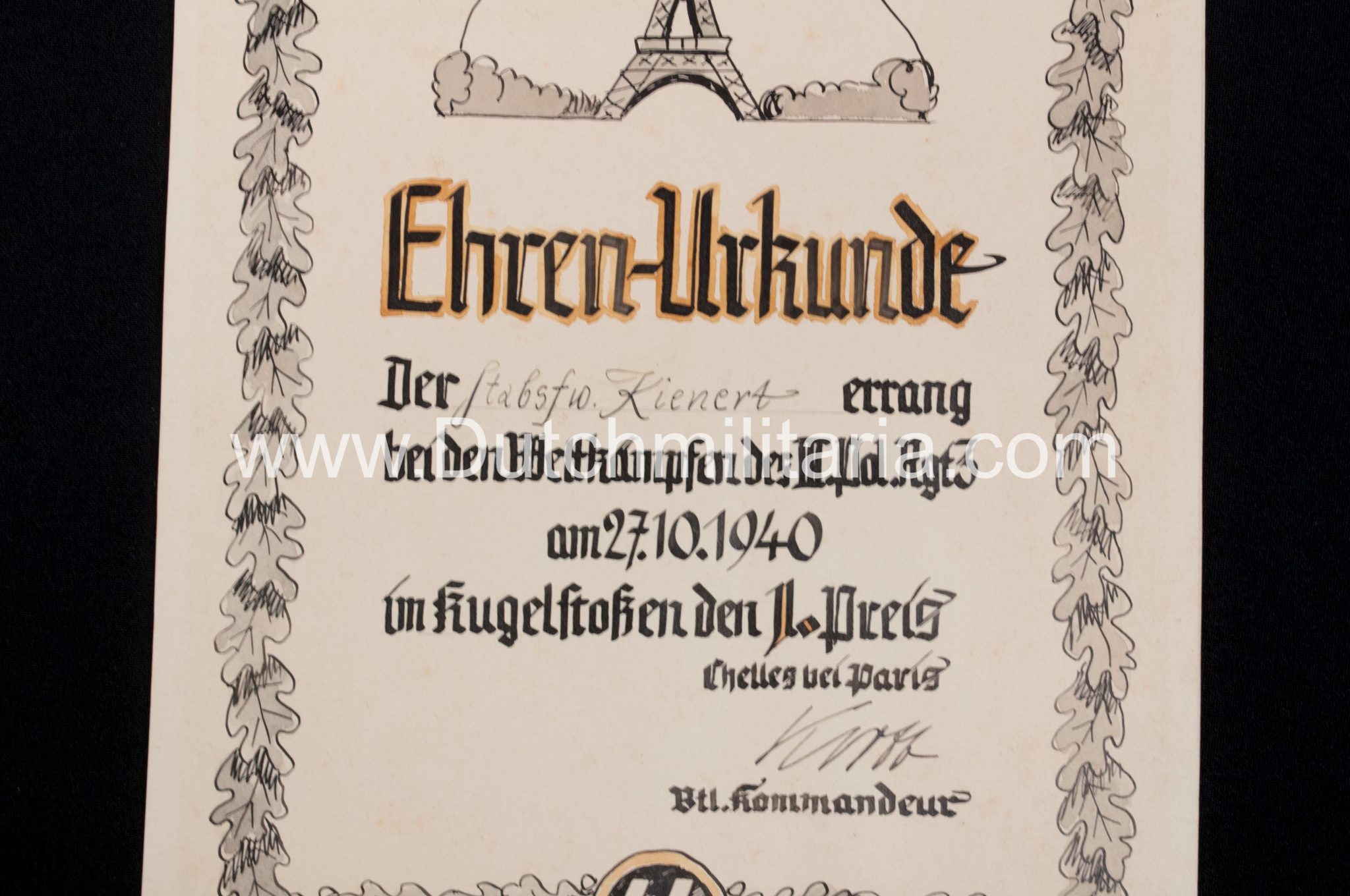 SS Ehrenurkunde III.Pol.Rgt.3. Chelles Paris (1940) - UNIQUE!