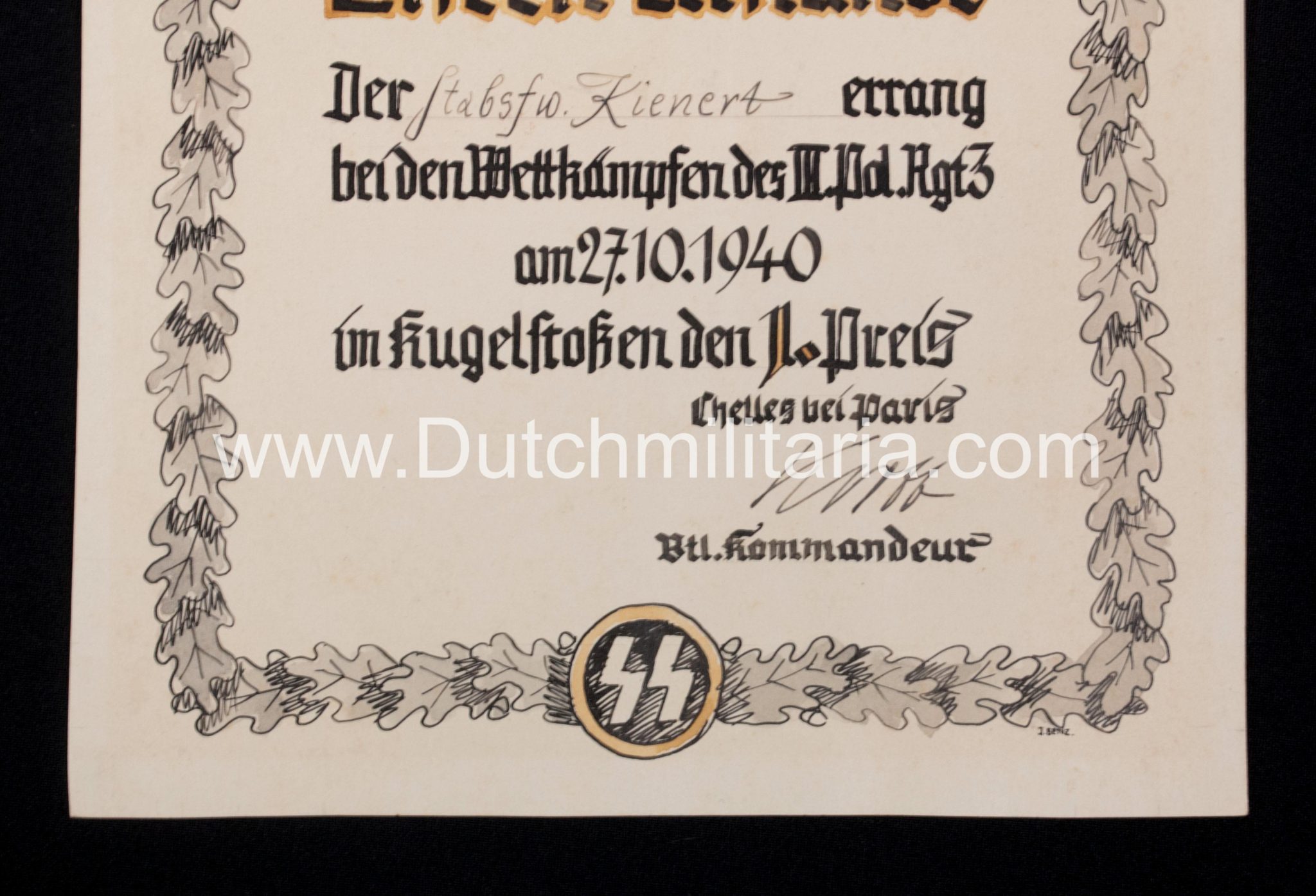 SS Ehrenurkunde III.Pol.Rgt.3. Chelles Paris (1940) - UNIQUE!