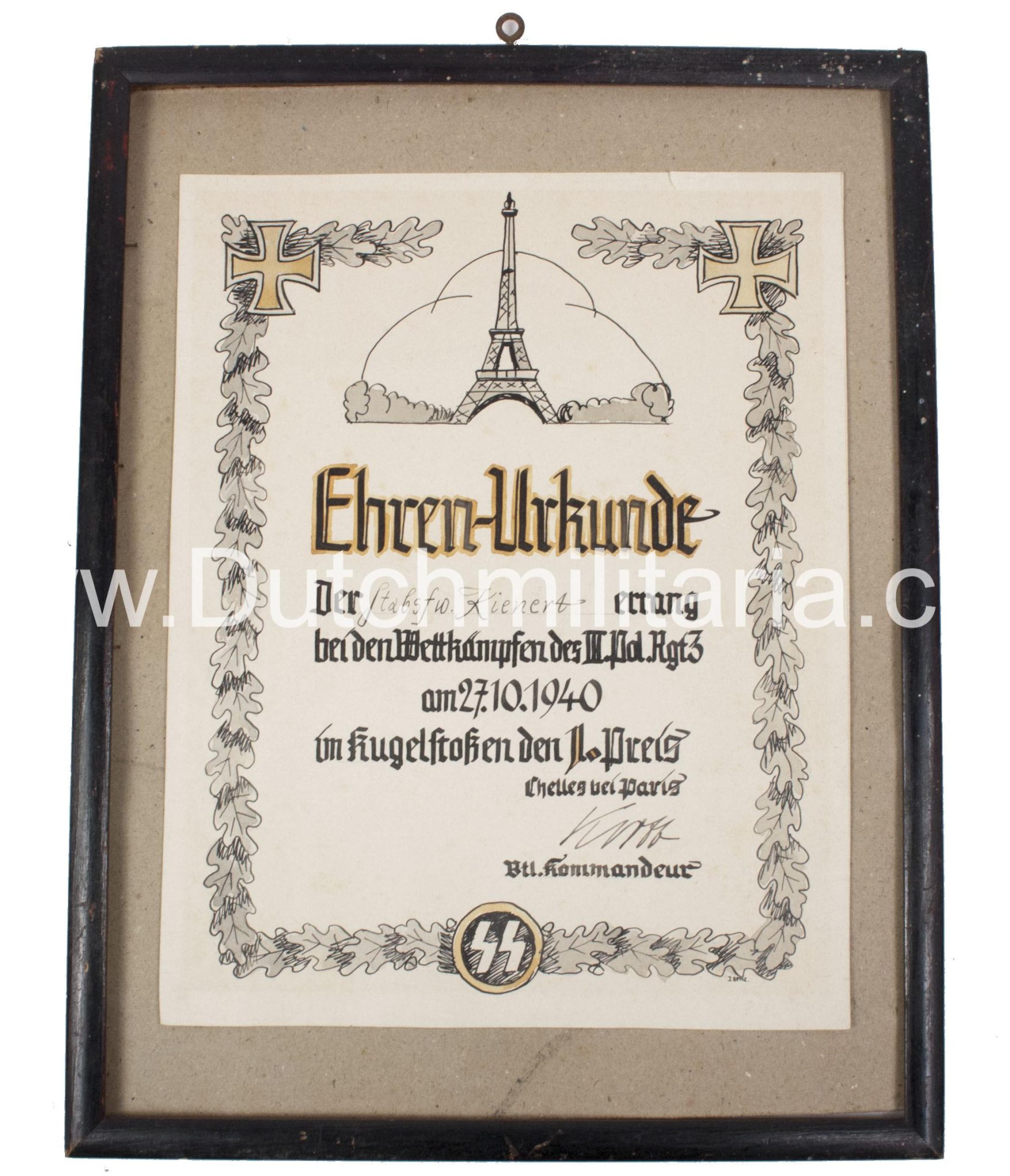 SS Ehrenurkunde III.Pol.Rgt.3. Chelles Paris (1940) - UNIQUE!