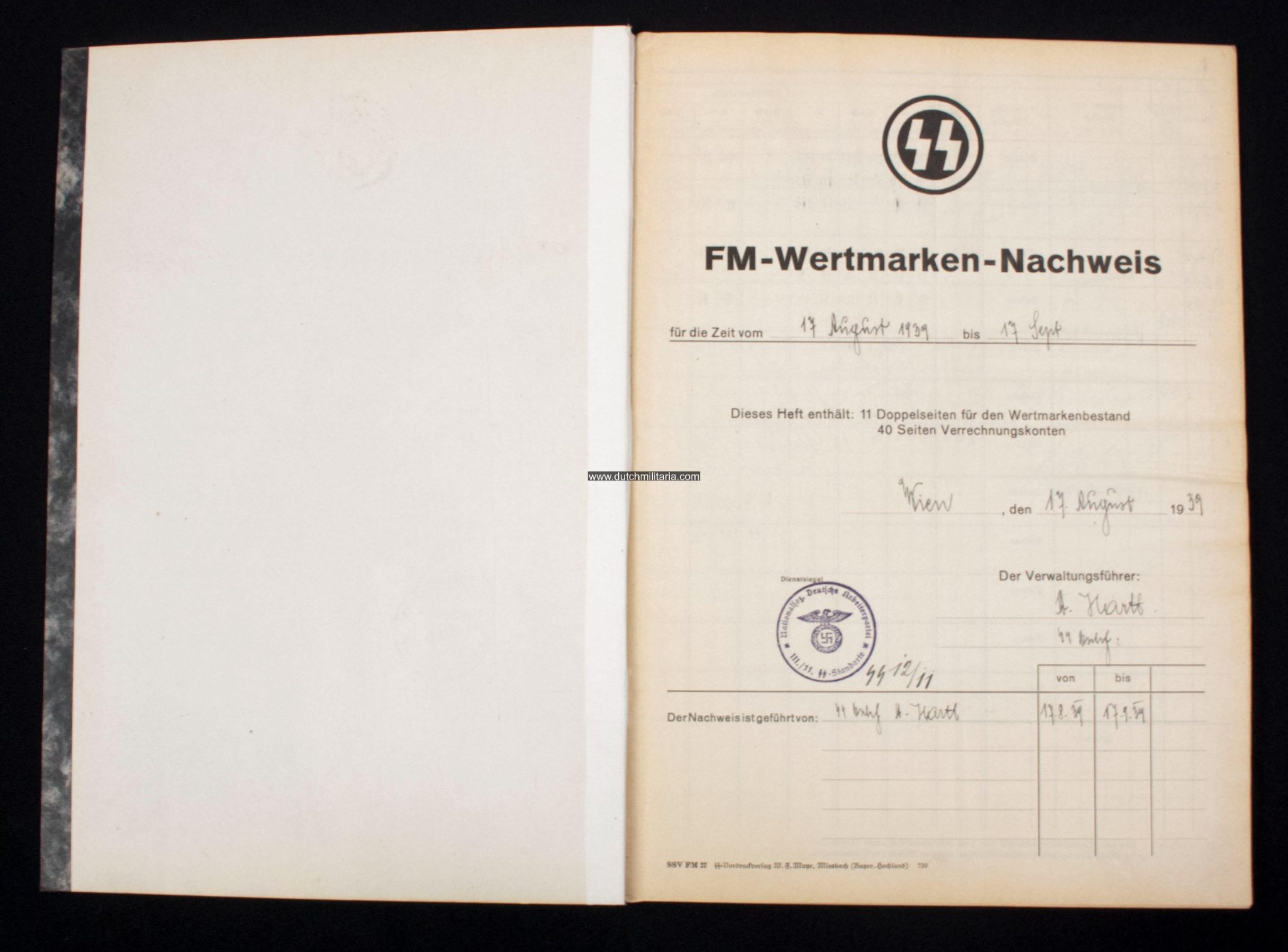 SS-FM SS-Fördernde Mitglieder Wertmarken Nachweis book from 1939 from SS-Sturm 1211 from the III.11.SS-Standarte in AustriaVienna (RARE!)