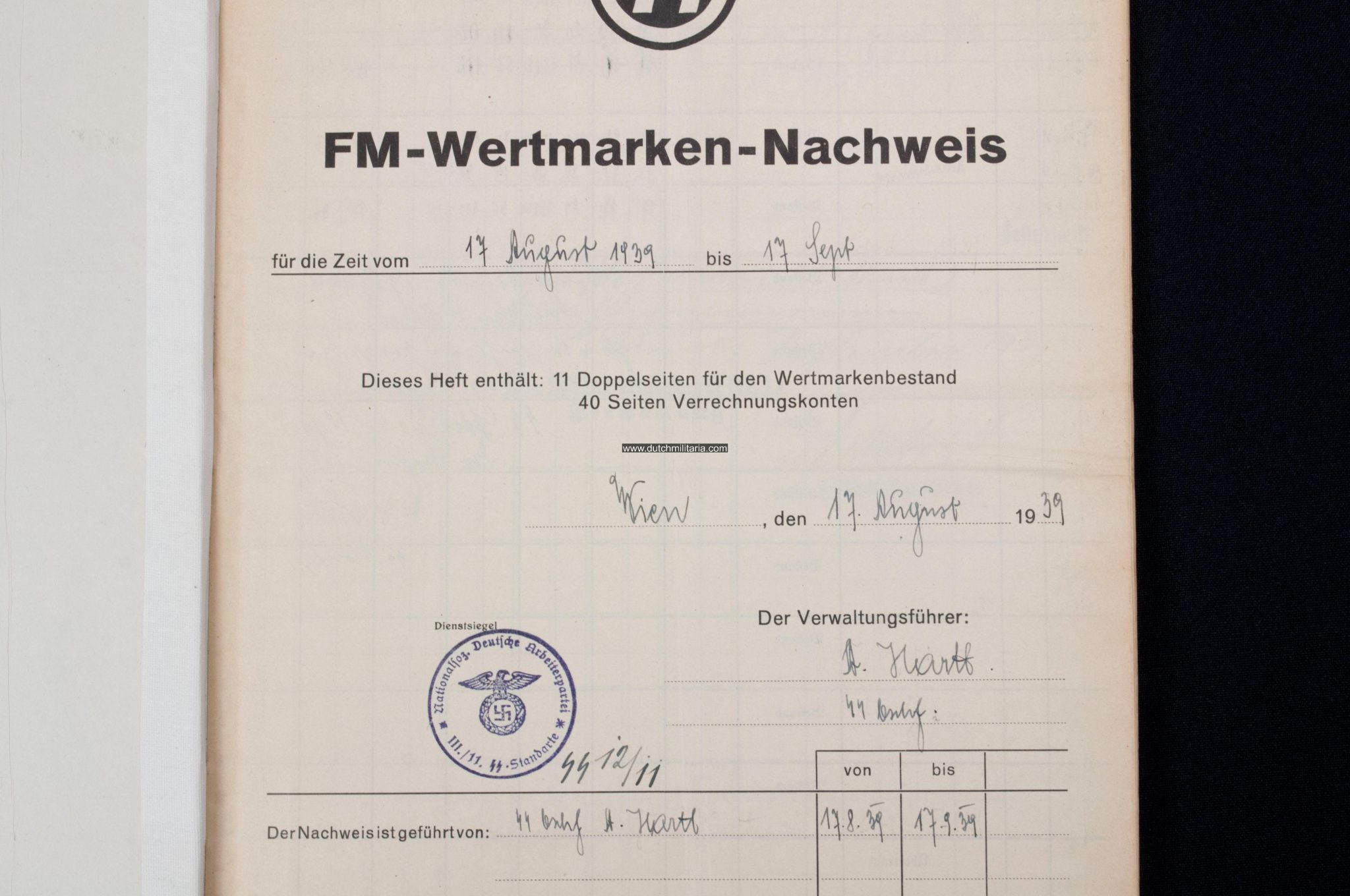 SS-FM SS-Fördernde Mitglieder Wertmarken Nachweis book from 1939 from SS-Sturm 1211 from the III.11.SS-Standarte in AustriaVienna (RARE!)