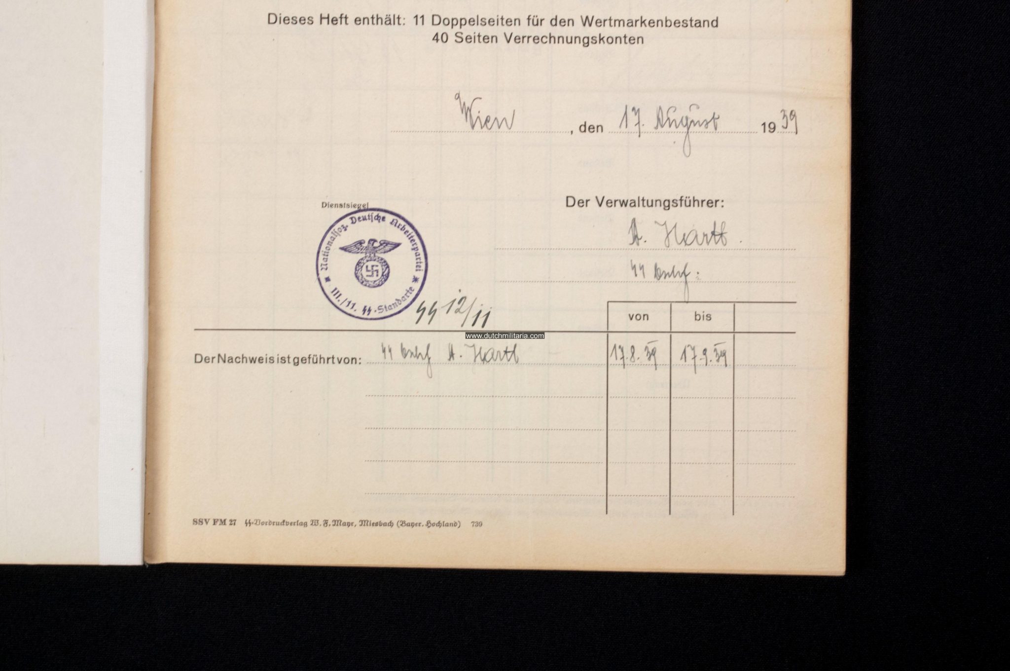 SS-FM SS-Fördernde Mitglieder Wertmarken Nachweis book from 1939 from SS-Sturm 1211 from the III.11.SS-Standarte in AustriaVienna (RARE!)