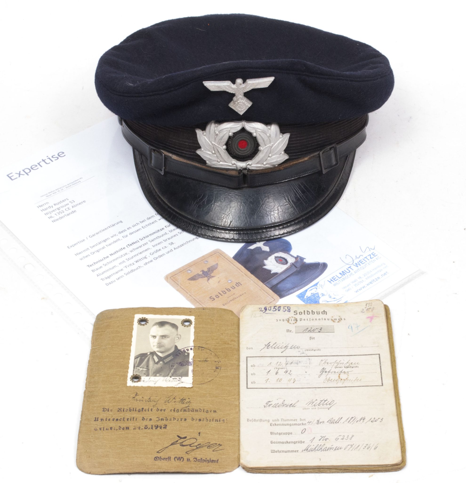 Technische Nothilfe Schirmmütze + Soldbuch named to Friedrich Fritz Wittig (2)