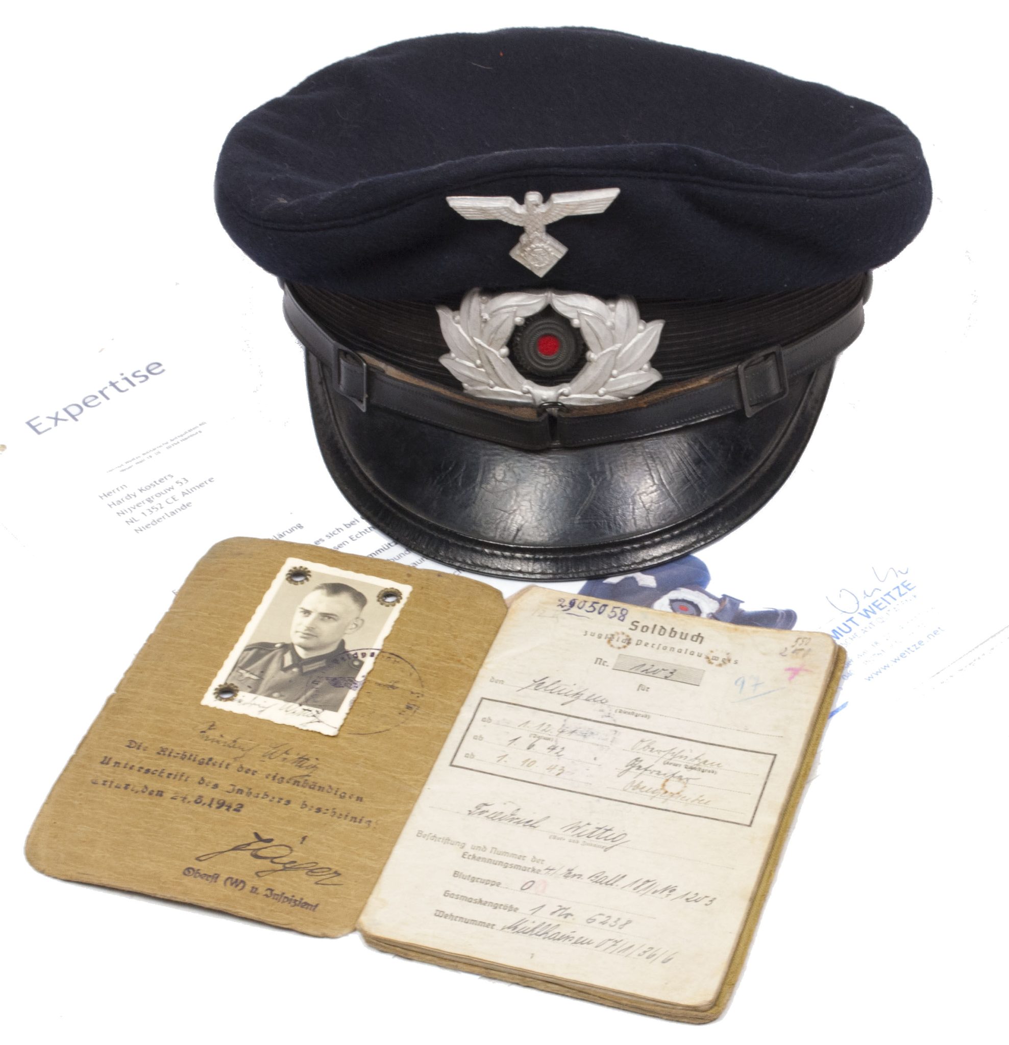 Technische Nothilfe Schirmmütze + Soldbuch named to Friedrich Fritz Wittig