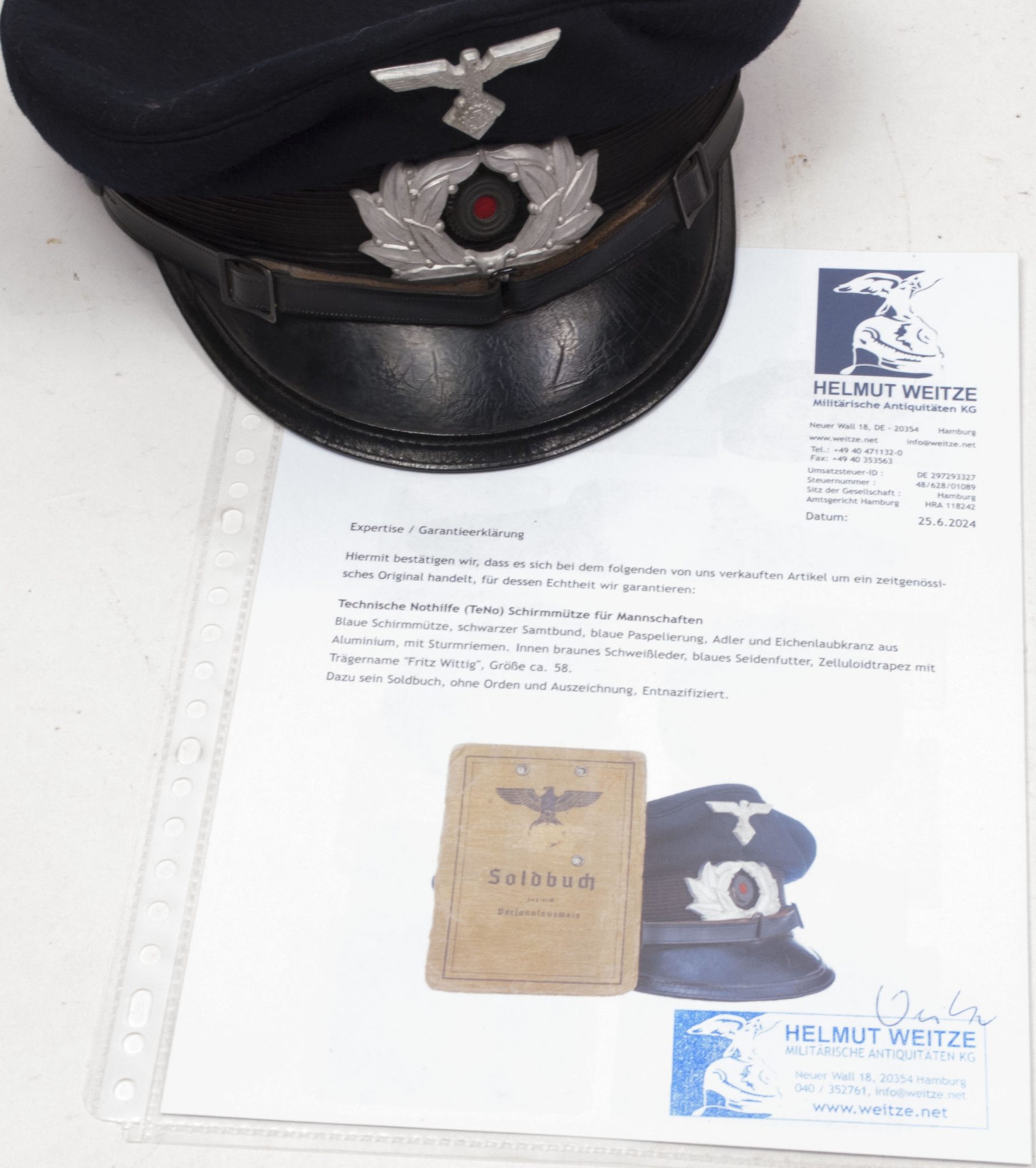 Technische Nothilfe Schirmmütze + Soldbuch named to Friedrich "Fritz" Wittig - Image 3