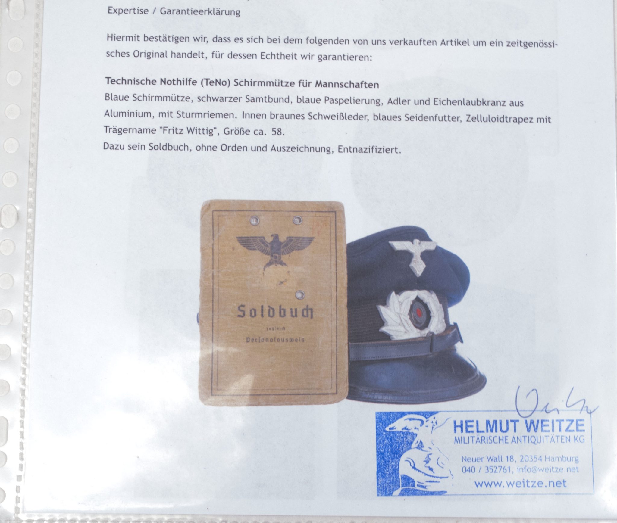 Technische Nothilfe Schirmmütze + Soldbuch named to Friedrich "Fritz" Wittig - Image 4