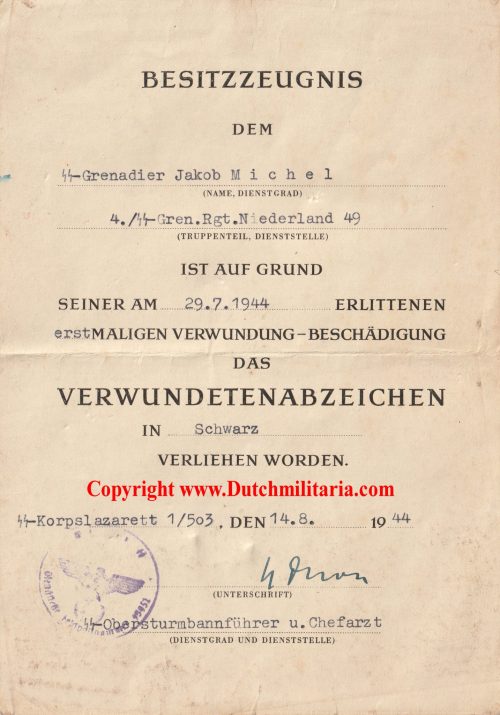 4.SS-Grenadier Regiment Nederland 49 De Ruyter citation to a Dutchman - Extremely rare