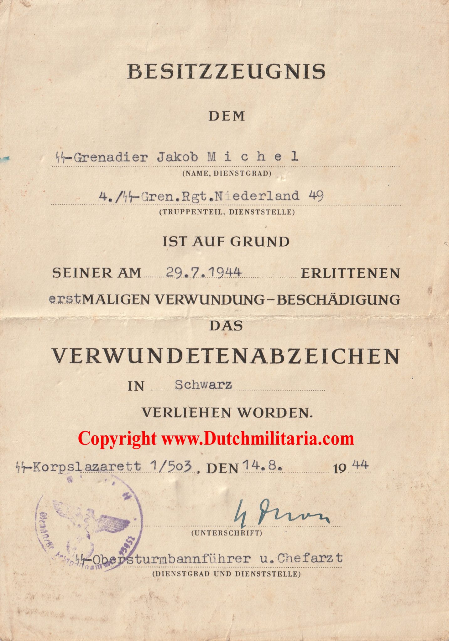 4.SS-Grenadier Regiment Nederland 49 De Ruyter citation to a Dutchman - Extremely rare