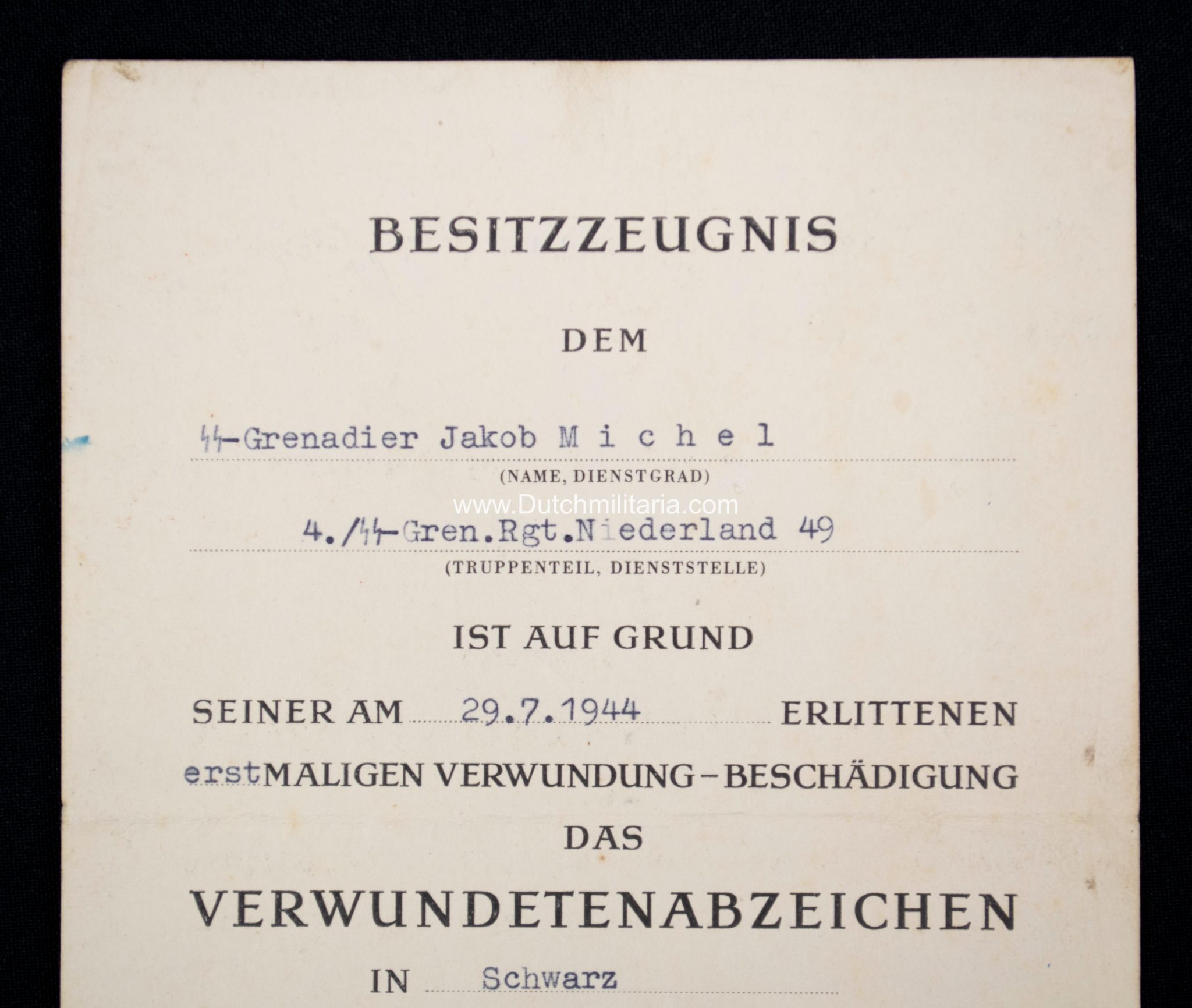 4.SS-Grenadier Regiment Nederland 49 De Ruyter citation to a Dutchman - Tannenberg Line (!) - Extremely rare