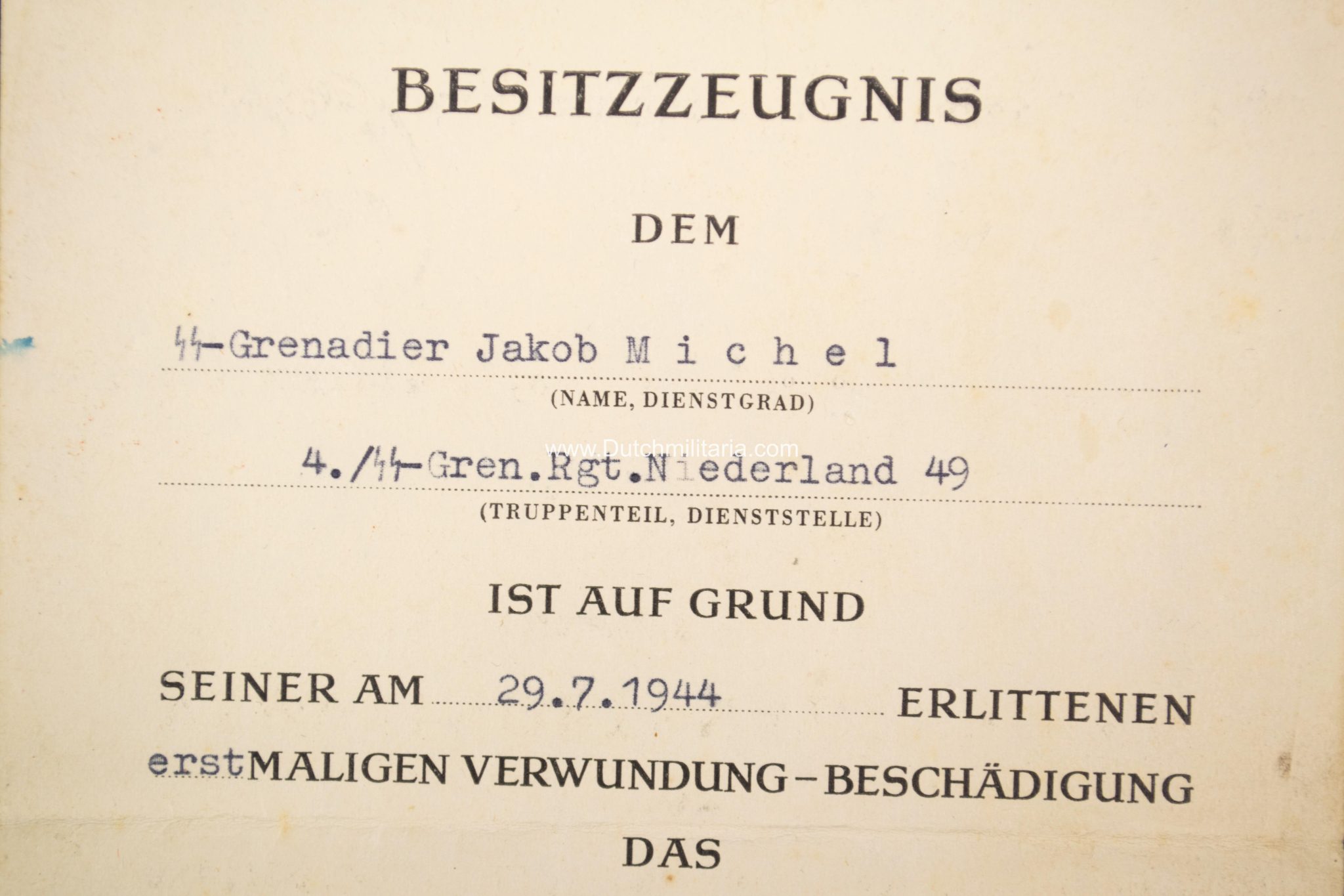 4.SS-Grenadier Regiment Nederland 49 De Ruyter citation to a Dutchman - Tannenberg Line (!) - Extremely rare
