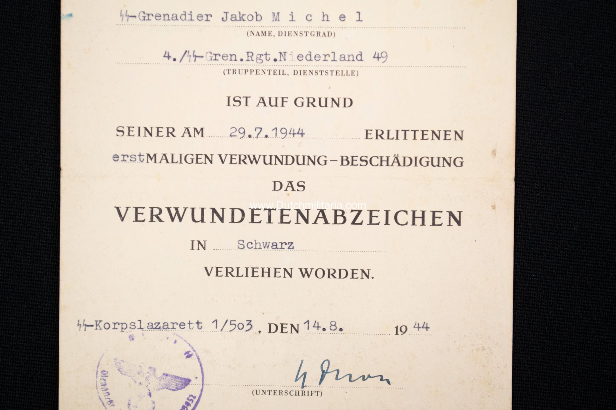 4.SS-Grenadier Regiment Nederland 49 De Ruyter citation to a Dutchman - Tannenberg Line (!) - Extremely rare