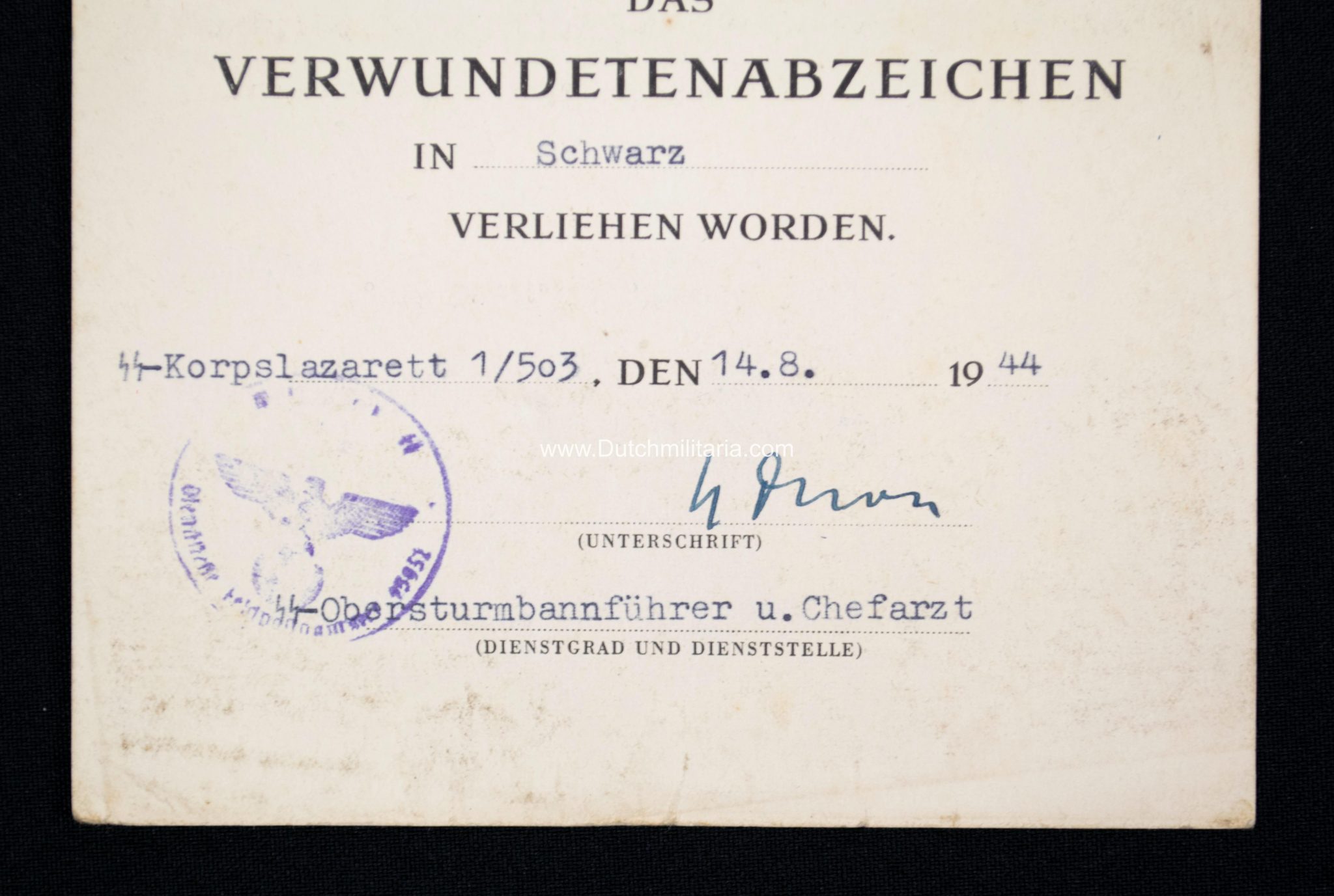 4.SS-Grenadier Regiment Nederland 49 De Ruyter citation to a Dutchman - Tannenberg Line (!) - Extremely rare