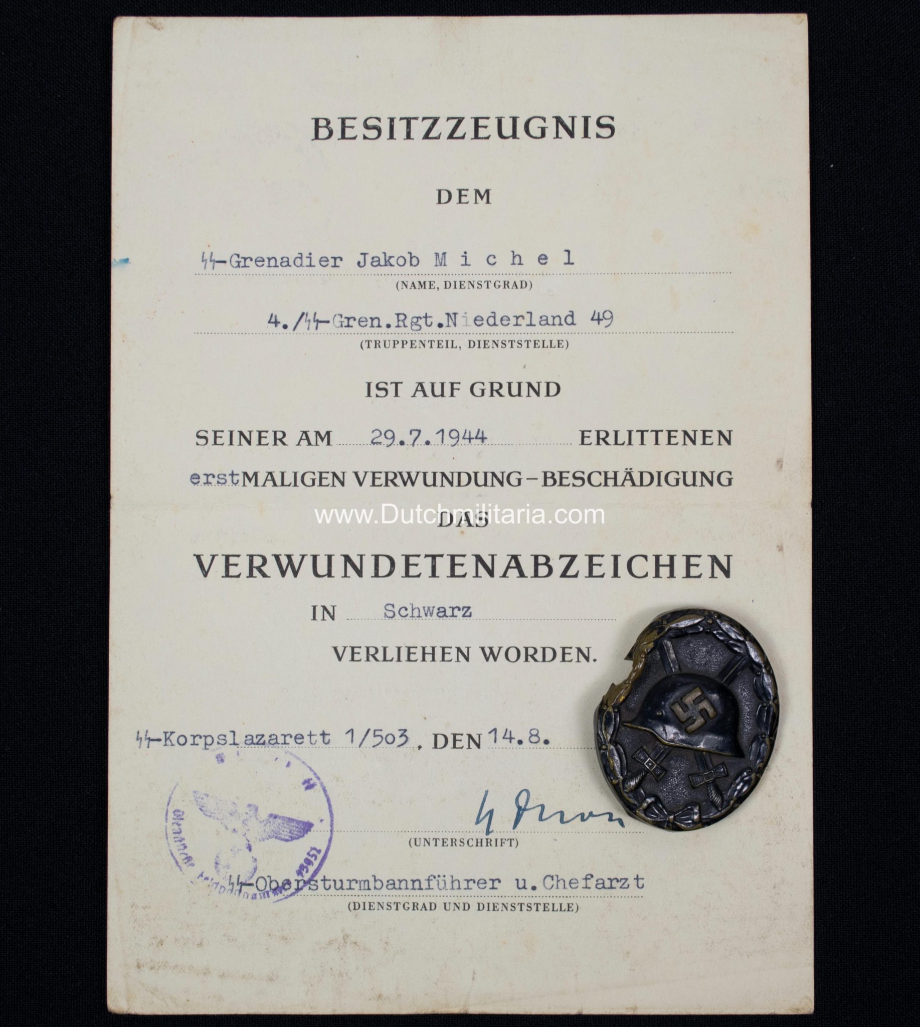 4.SS-Grenadier Regiment Nederland 49 De Ruyter citation to a Dutchman - Tannenberg Line (!) - Extremely rare