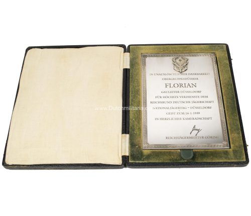 Cased solid silver presentation plaque from Hermann Göring to Gauleiter Düsseldorf Florian (1939) - UNIQUE