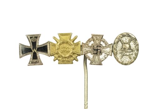 German stickpin with EK2 + Frontkämpfer Ehrenkreuz + Treue Dienste 25 jahre + Verwundetenabzeichen silber